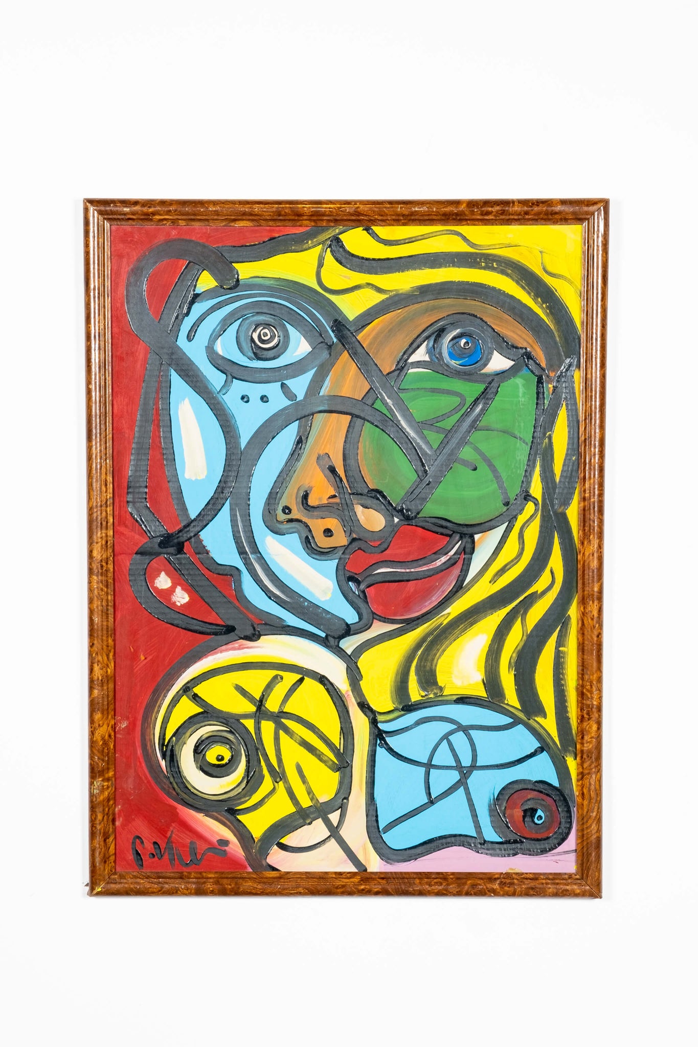 Abstract Portrait in Primaries, Burled Wood Frame