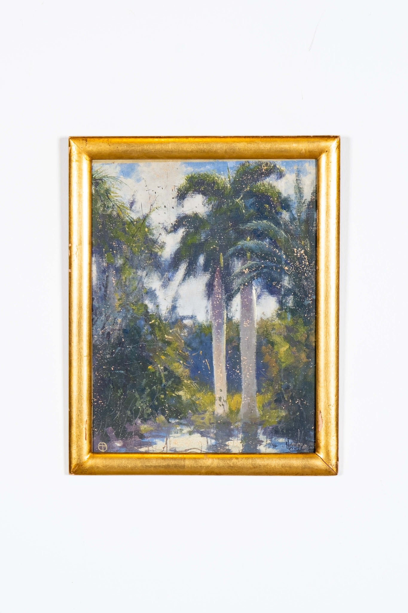 "Royal Palms", 1920s Oil Painting in Gold Frame