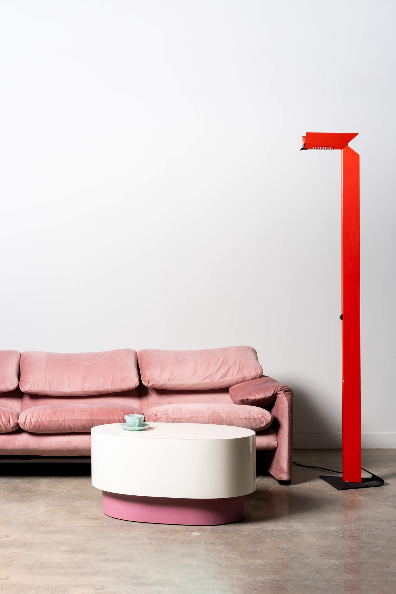 Vintage Red 'Klipper' Floor Lamp TVE Mauro Marzollo, shown with maralunga sofa and lipstick coffee table