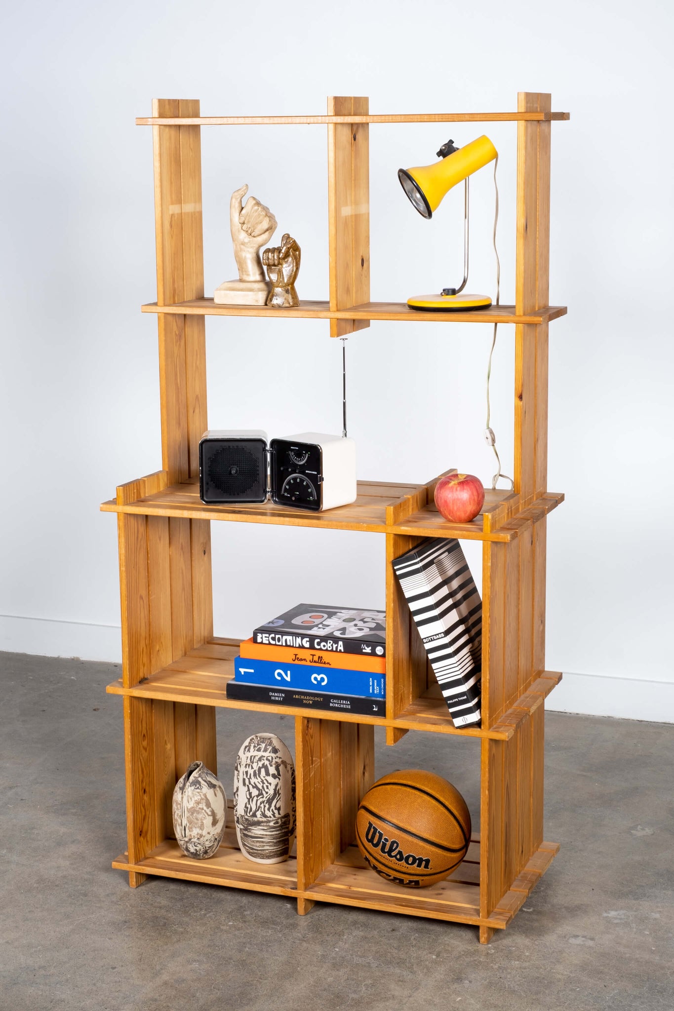 1970s Vintage Danish Modernist Pine Shelving Unit, shown with books, lamp and decorative objects