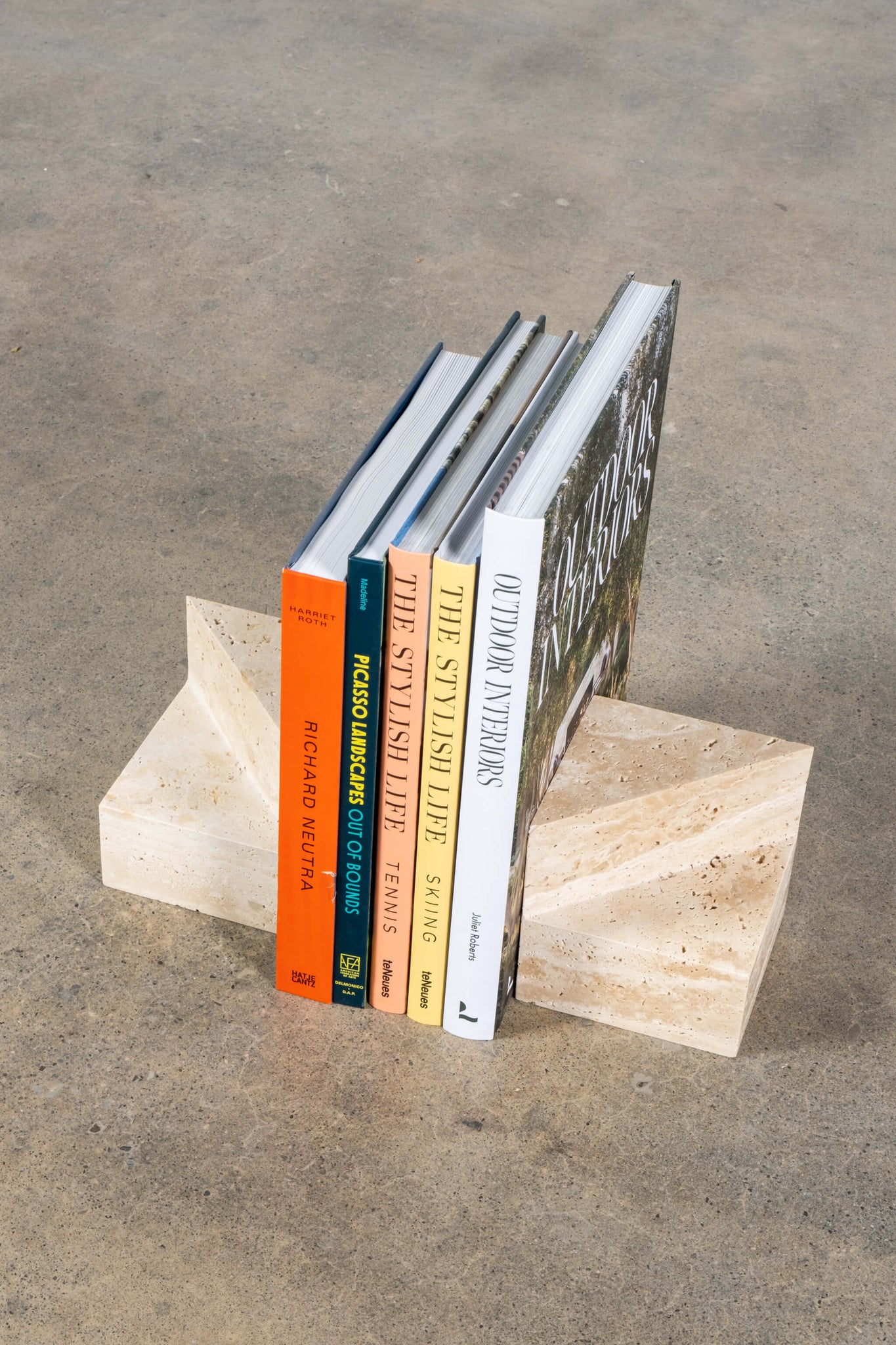 Pair of Travertine Cube Bookends, shown with books