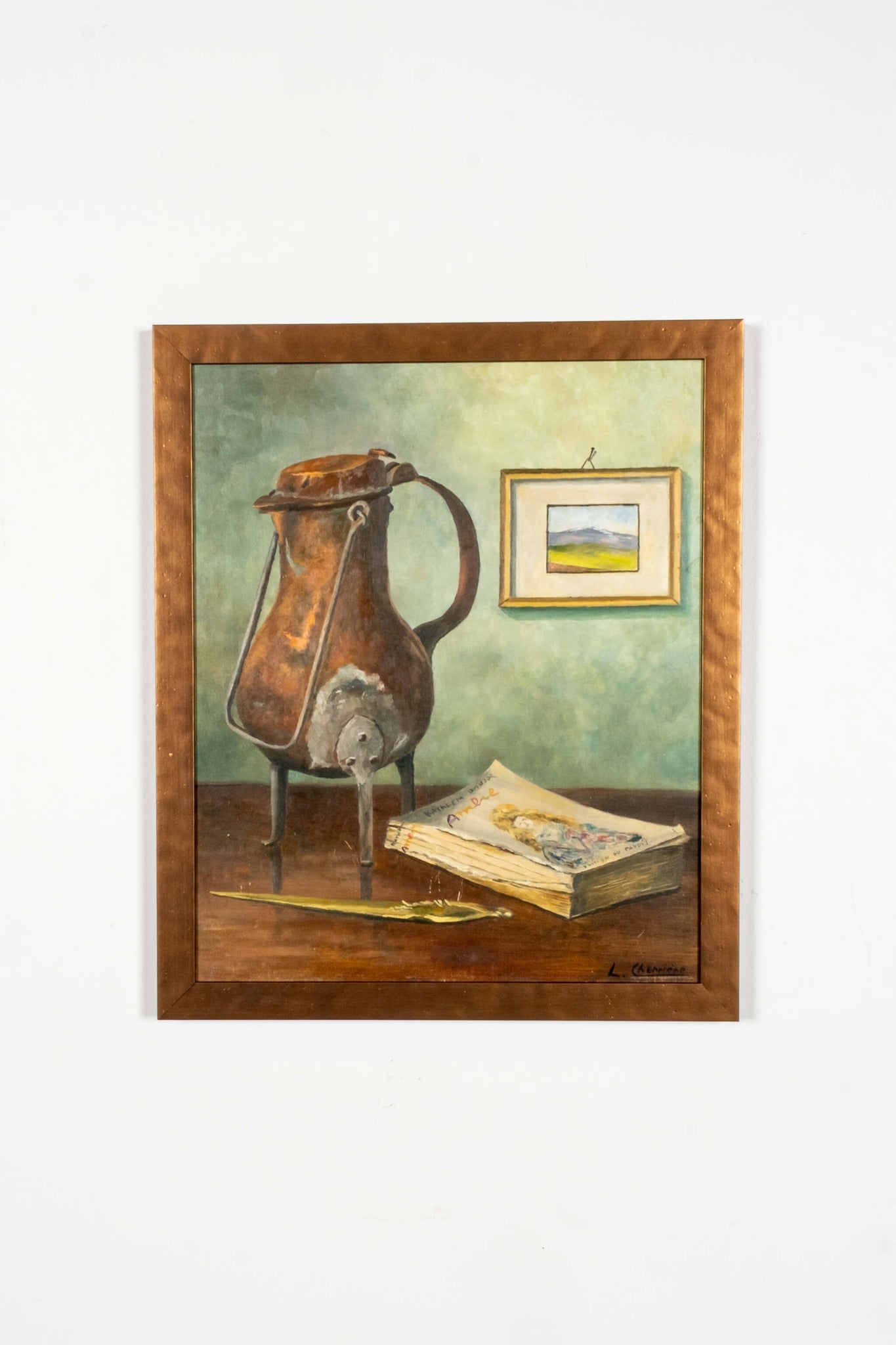 Still Life with Book and Copper Vessel, Newly Framed