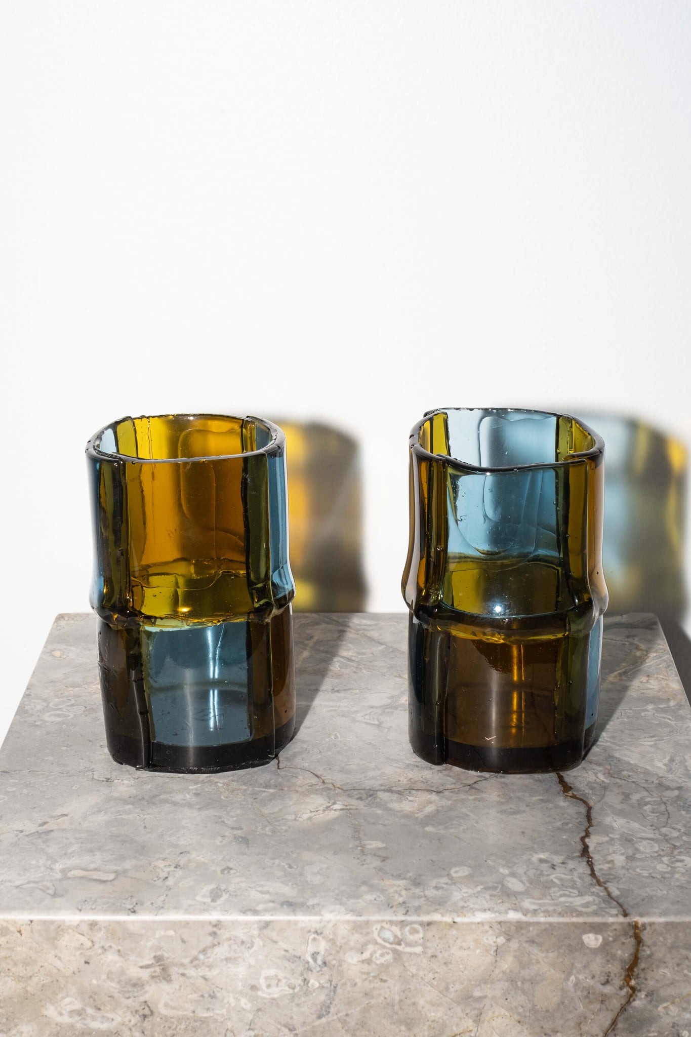 Clear Amber & Light Blue Small Resin Bamboo Vase, by Enzo Mari for Corsi Design, 2 shown side by side