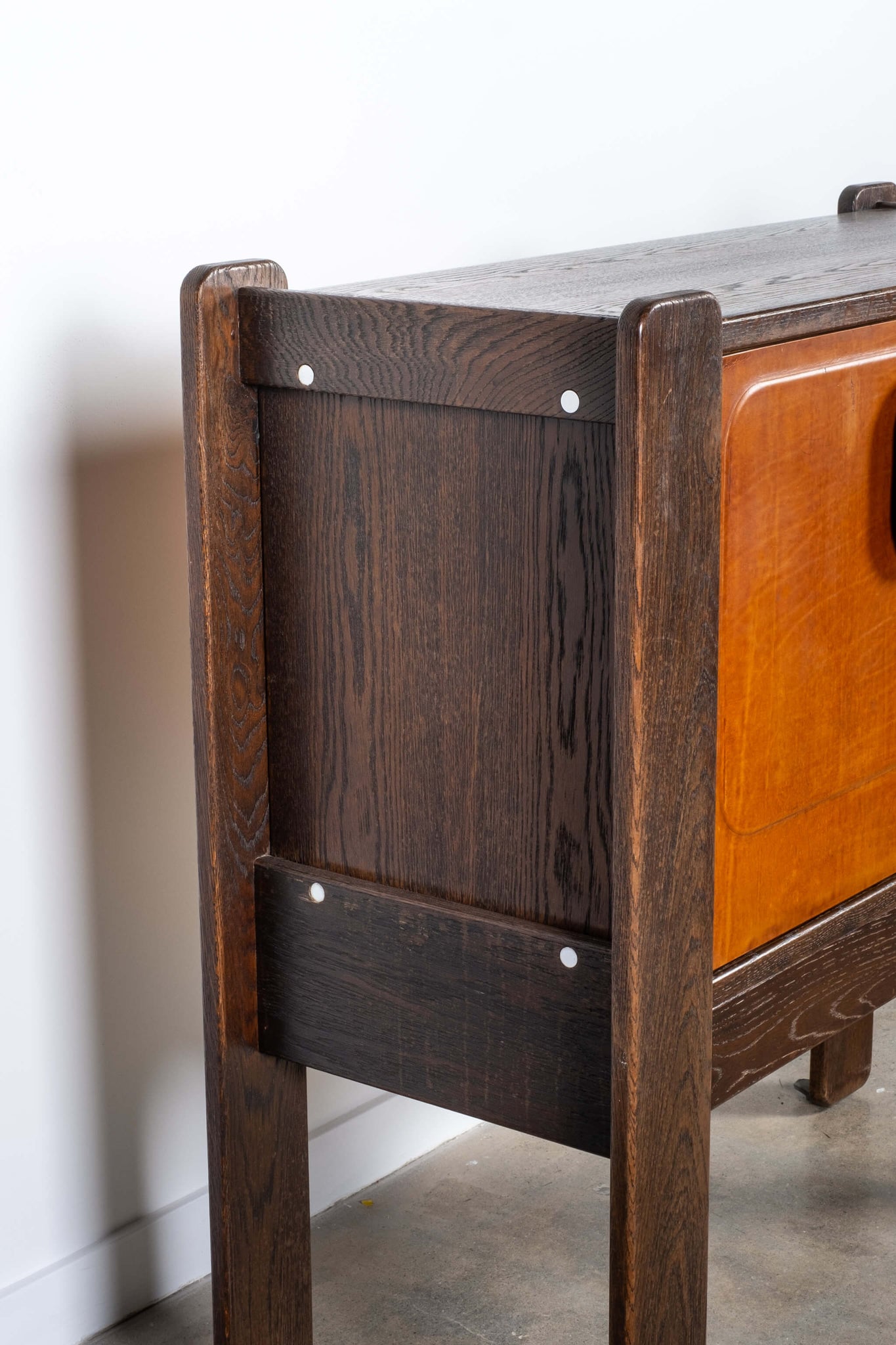 Vintage Belgian Brutalist Leather Front 2-Door Wood Cabinet, side detail