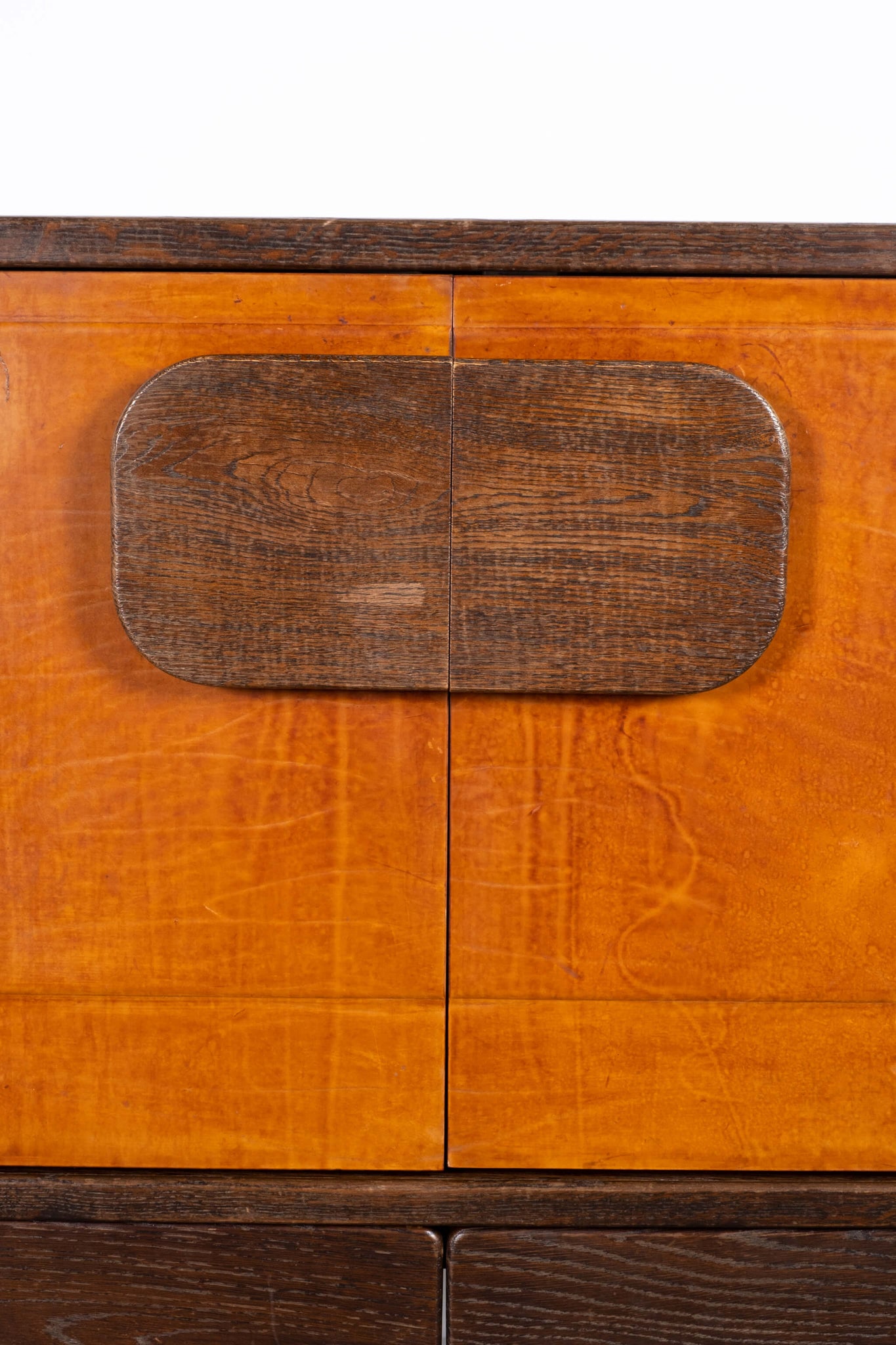 Vintage Belgian Brutalist Leather Front 2-Door Wood Cabinet, close up of doors closed