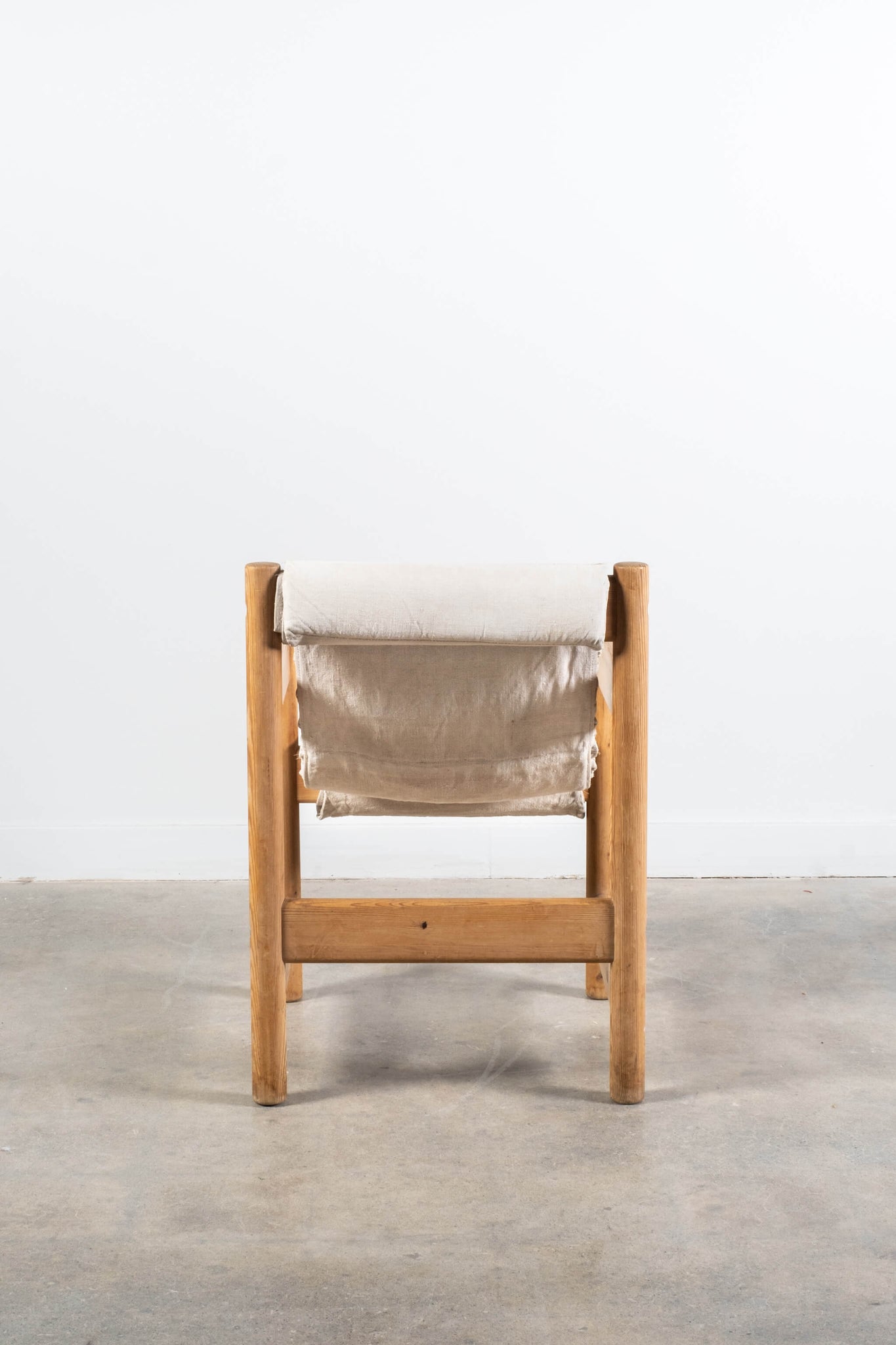 Vintage Belgian Pine Chair with Vintage Beige Linen Sling Seat, back view