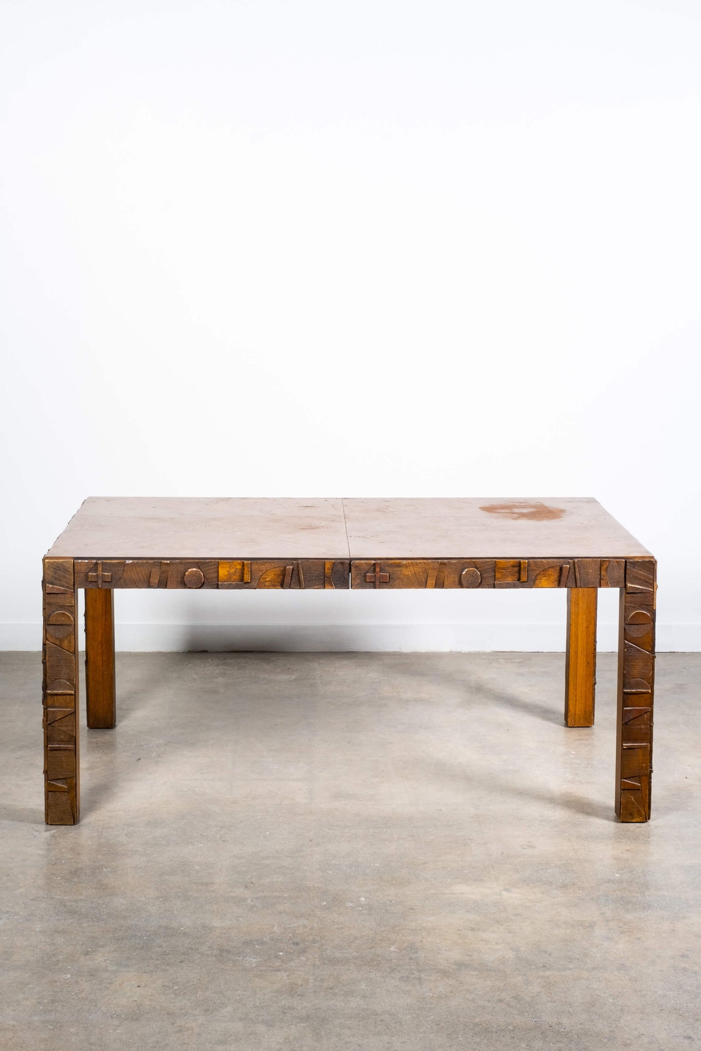 Vintage Brutalist Dining Table with 2 Extensions, front view with no extensions