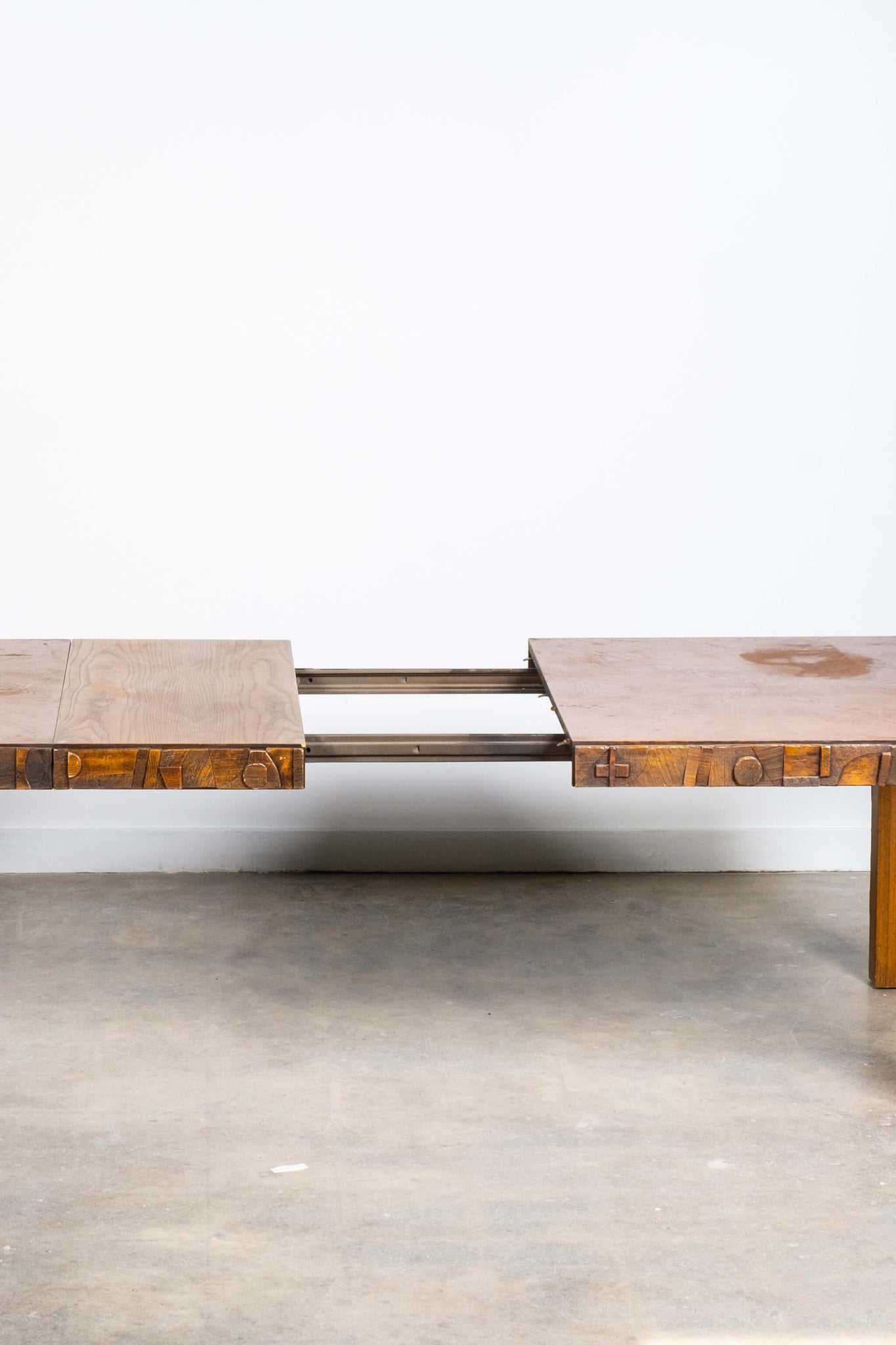 Vintage Brutalist Dining Table with 2 Extensions, shown open with table track exposed