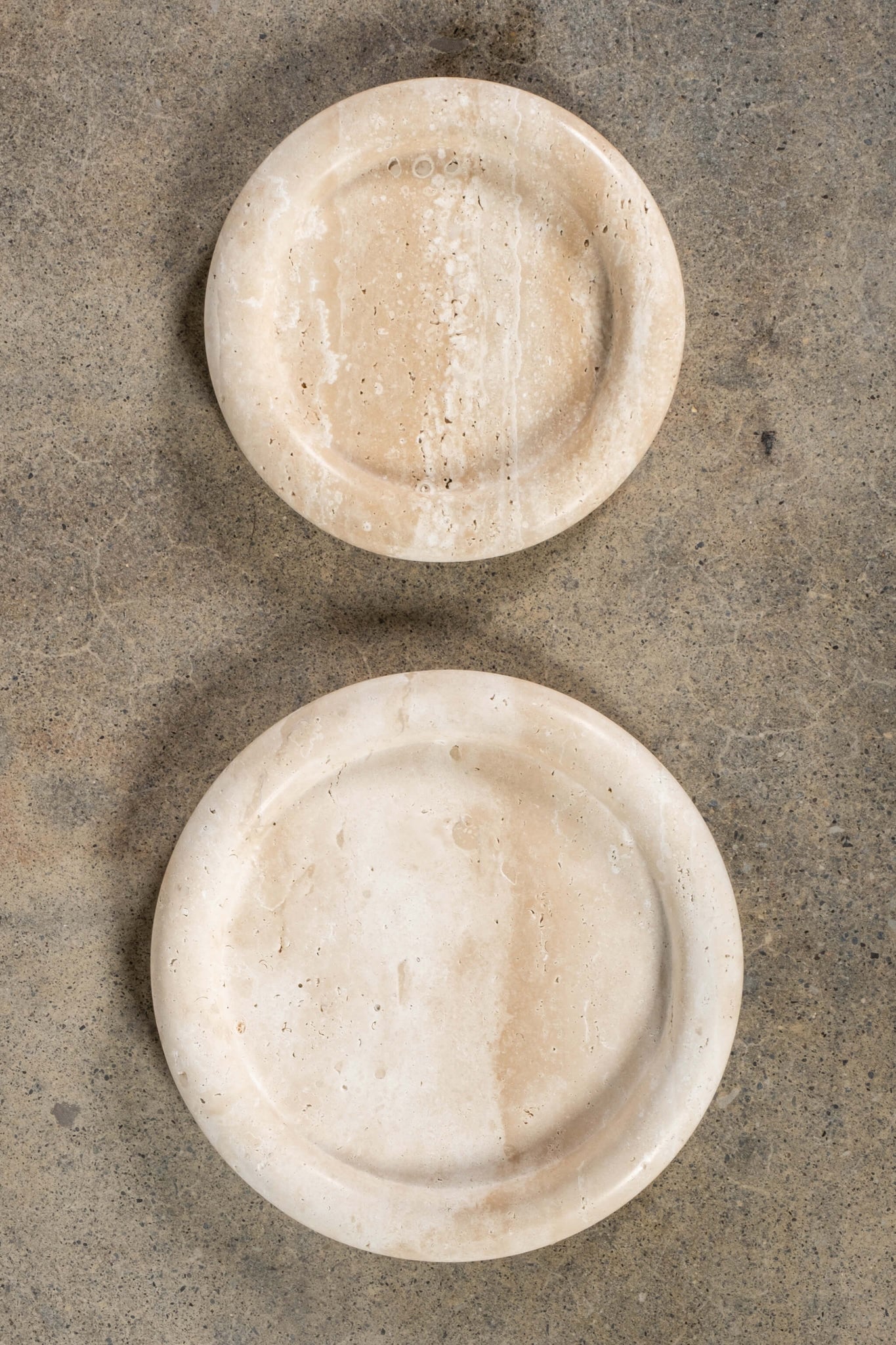 Bullnosed-Edge Travertine Plate, Large, shown with medium plate