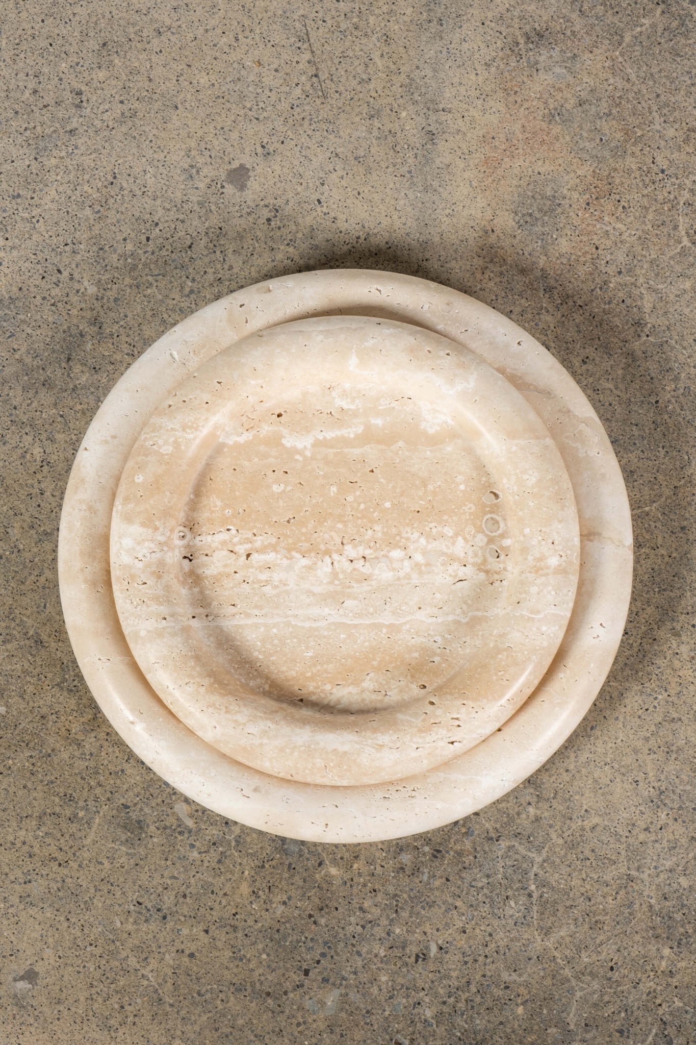 Bullnosed-Edge Travertine Plate, Large, shown stacked with medium plate