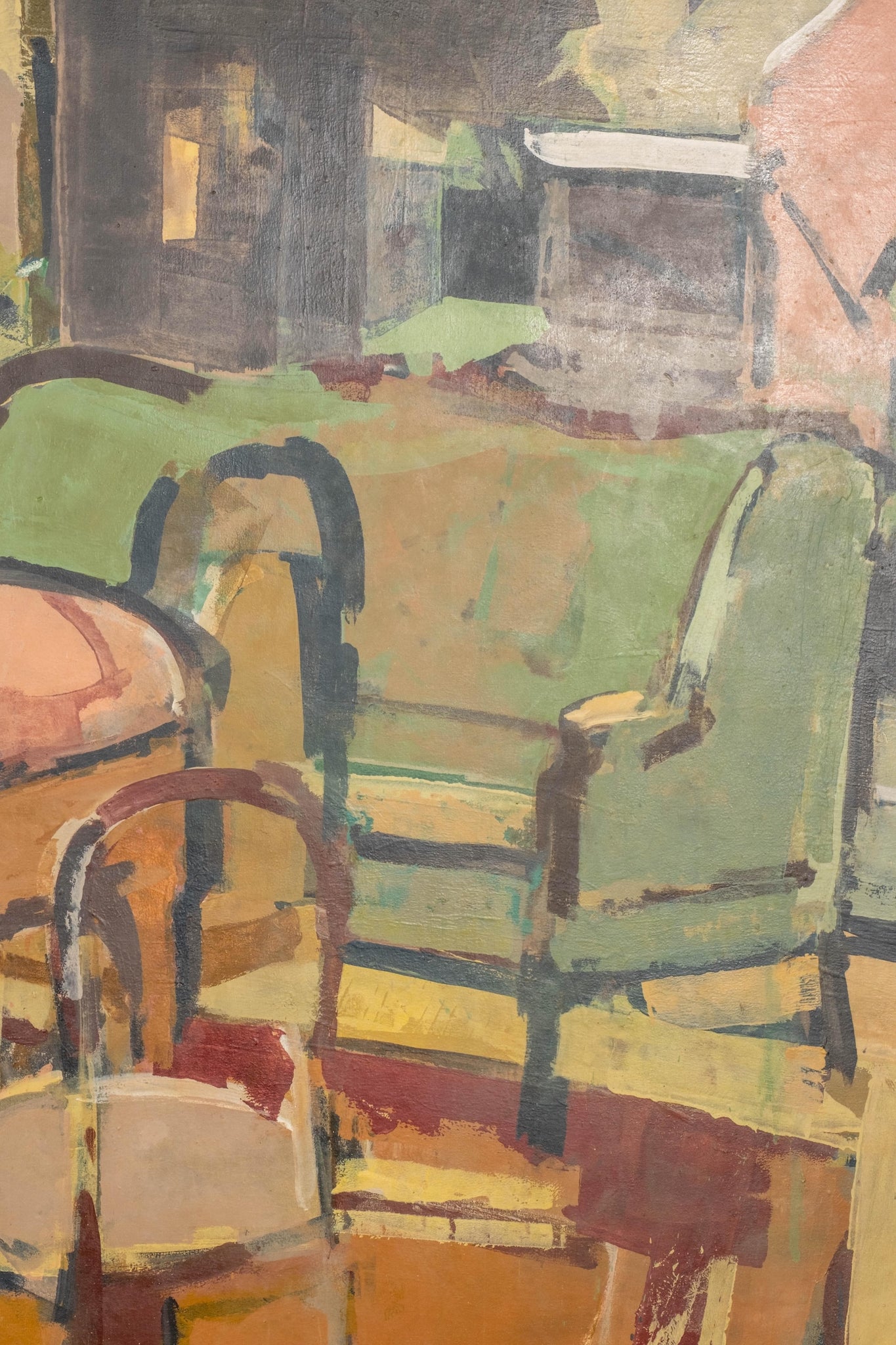 Abstract painting of chairs and a table with a focus on green and brown colors.