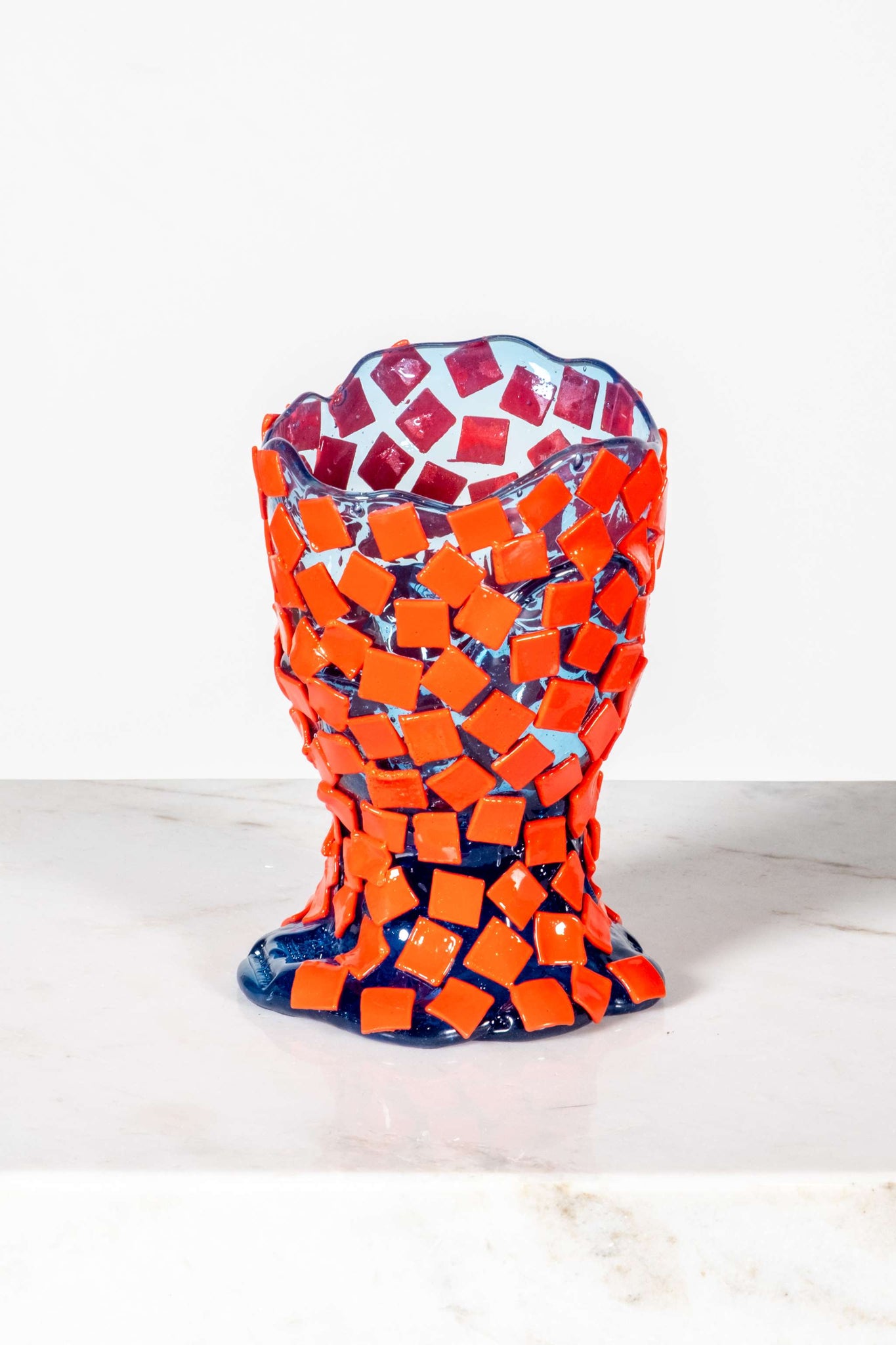 Rock Vase (Small), Clear Light Blue and Matte Red