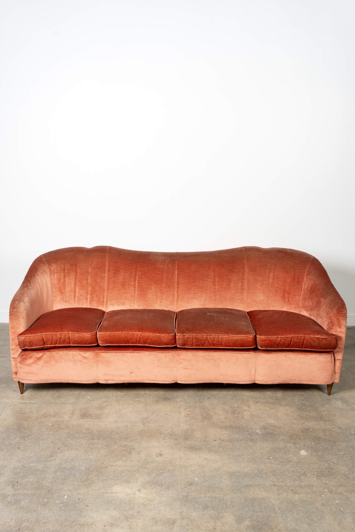 Extremely Rare Vintage Pink Orange Sofa with Curved Frame Detail Casa Giardino Gio Ponti, front view