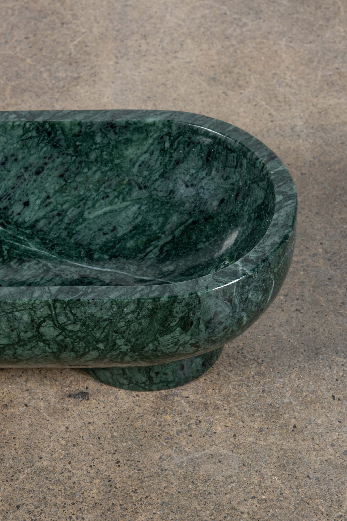Footed Oval Bowl in Green Marble, close up