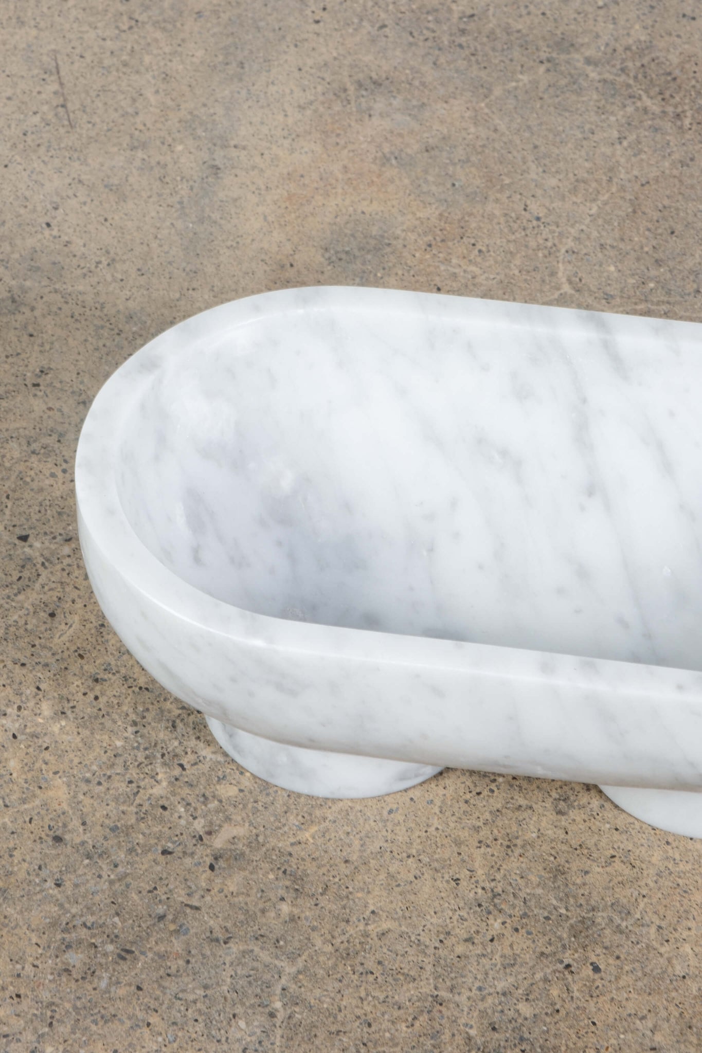Footed Oval Bowl in White Marble, close up
