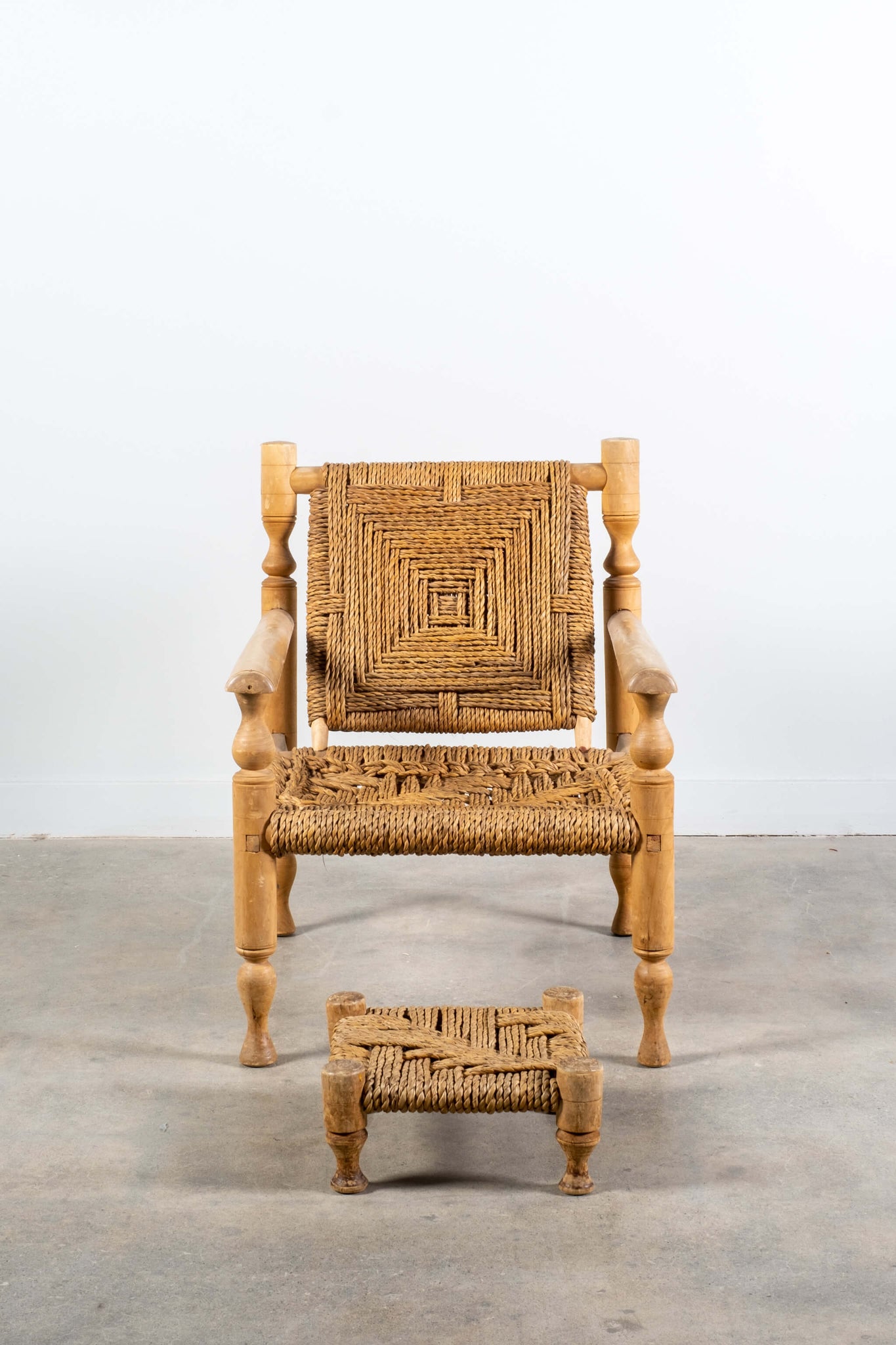 Vintage French Wood and Rope Armchairs with Footstools Adrien Audoux and Frida Minet, front view