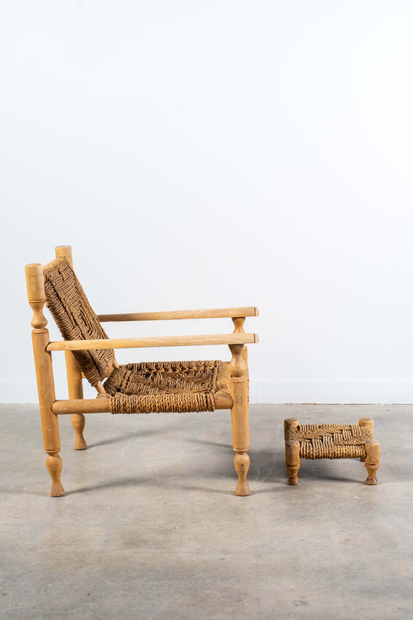 Vintage French Wood and Rope Armchairs with Footstools Adrien Audoux and Frida Minet, side view