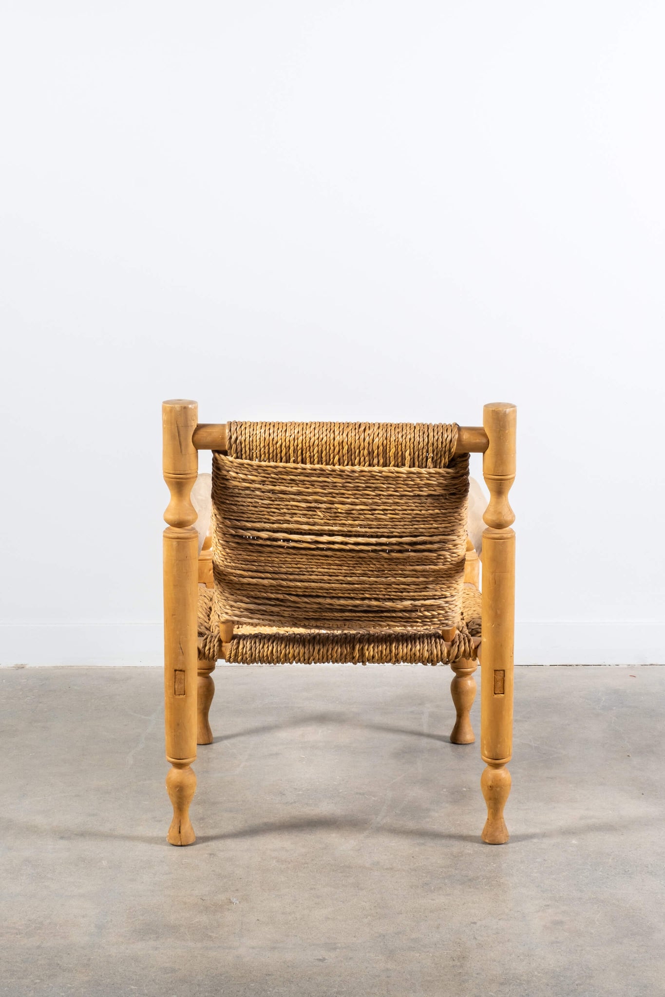 Vintage French Wood and Rope Armchairs with Footstools Adrien Audoux and Frida Minet, back view