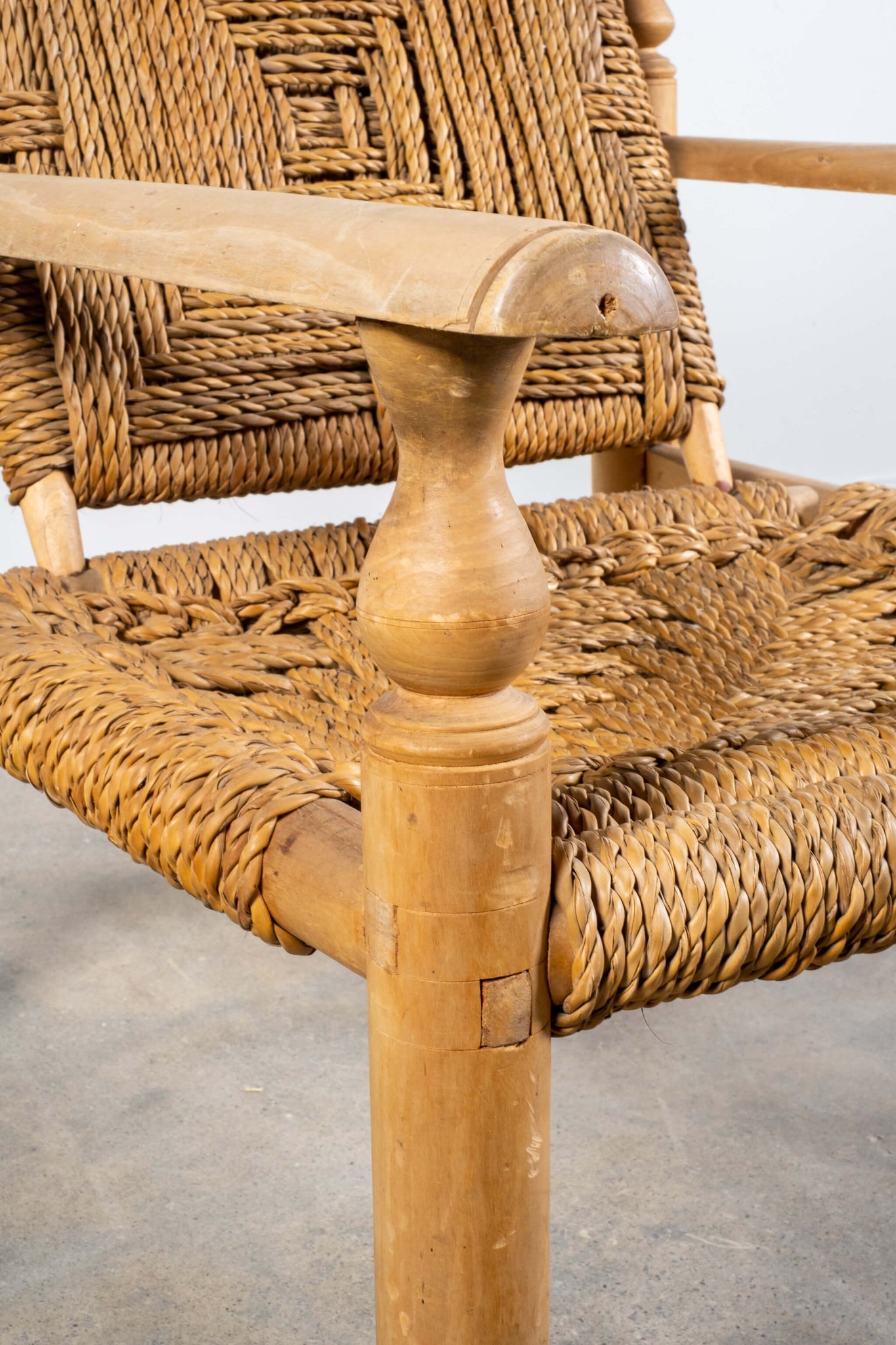 Vintage French Wood and Rope Armchairs with Footstools Adrien Audoux and Frida Minet, armrest detail view