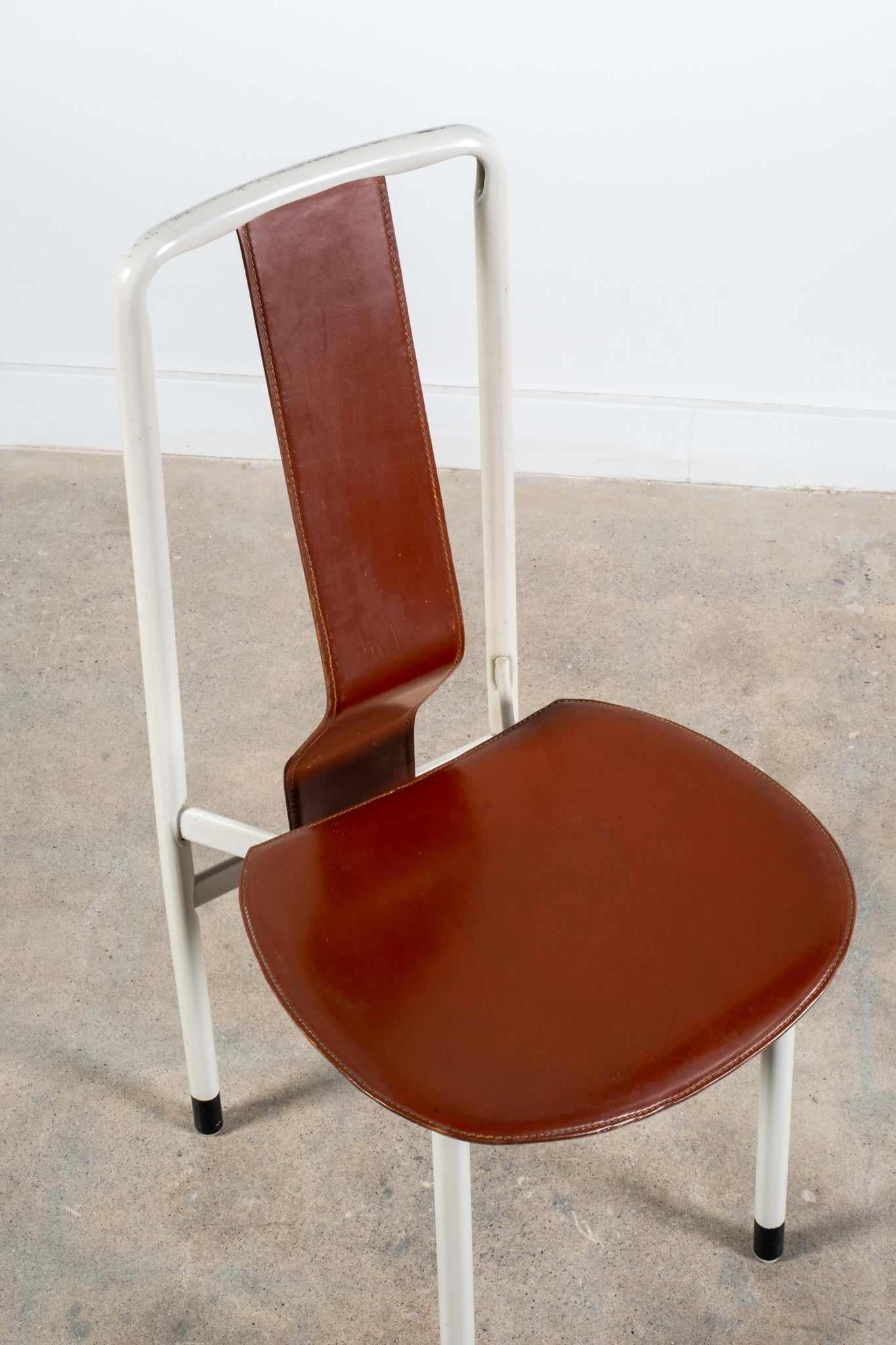Vintage Irma White Metal Frame Side Chair with Brown Leather Seat, top view