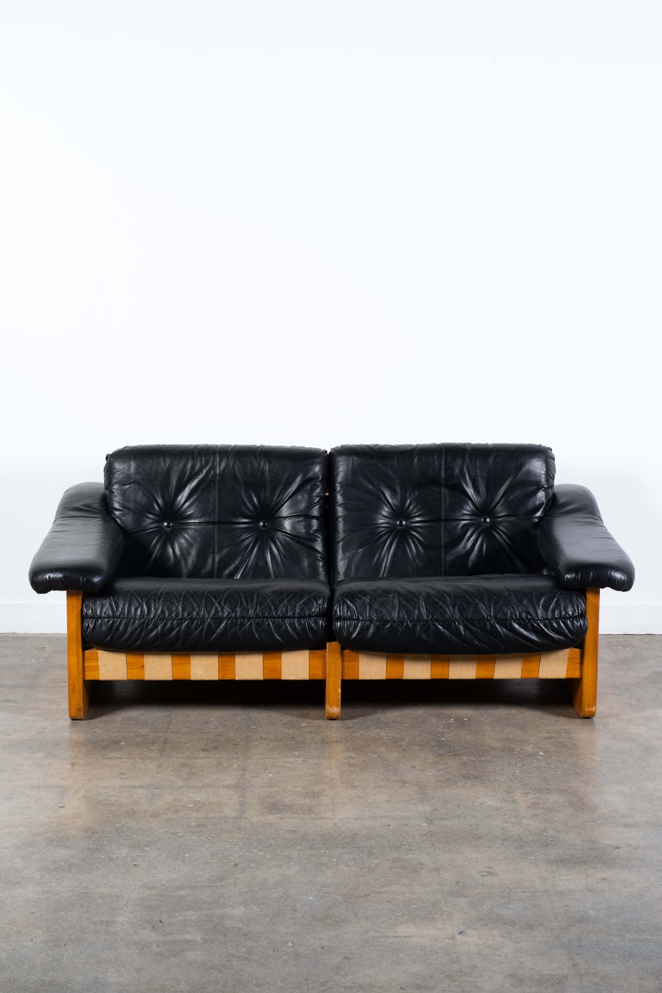 Vintage 1970s Italian 2-Seater Sofa in Pine and Black Leather, front view