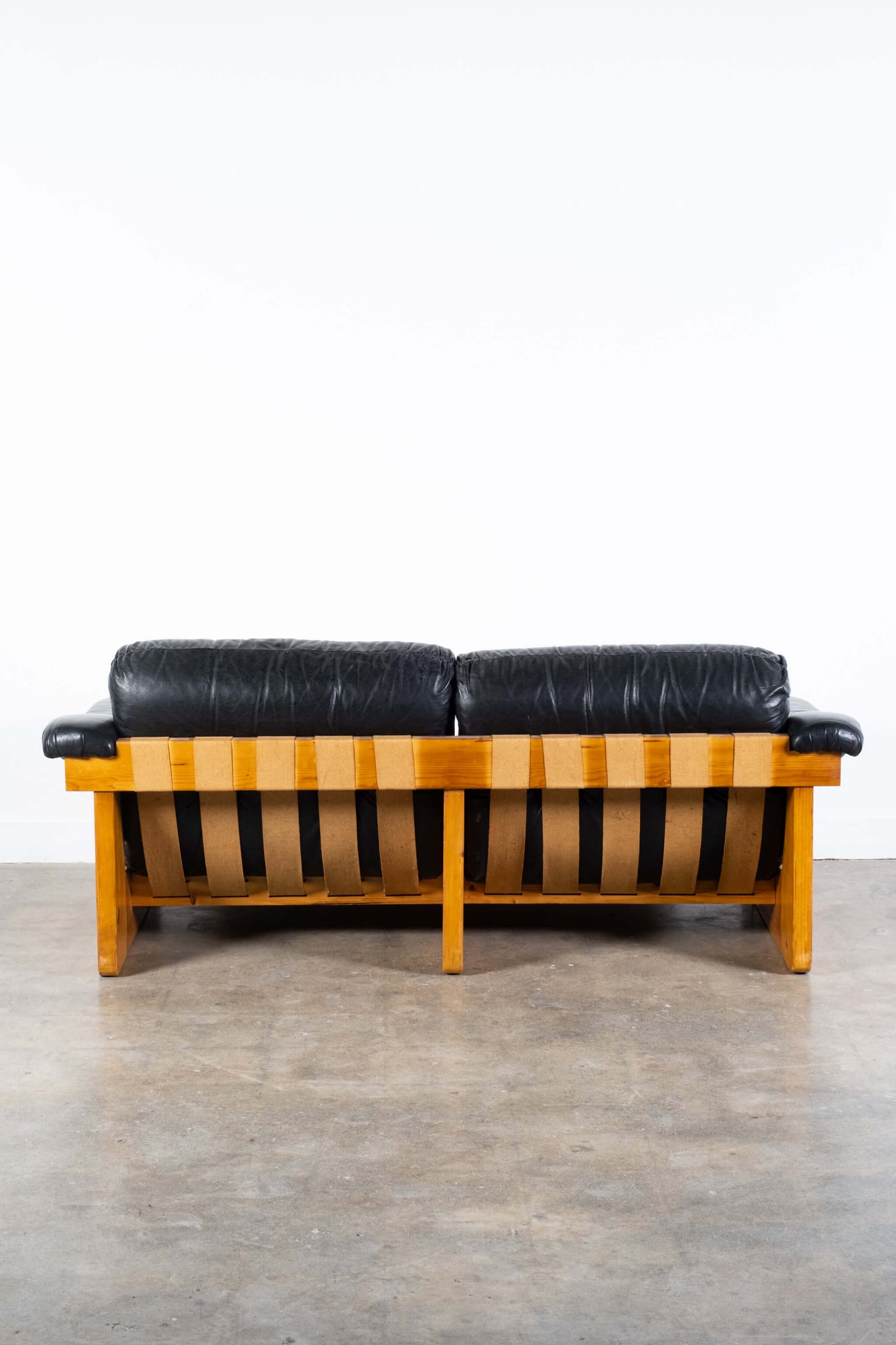 Vintage 1970s Italian 2-Seater Sofa in Pine and Black Leather, back view