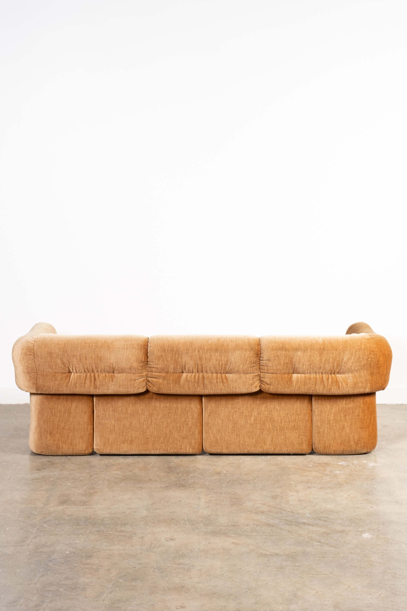 Vintage 1970s Italian 3-piece Tan Velvet Seating, 3 piece set, sofa back view