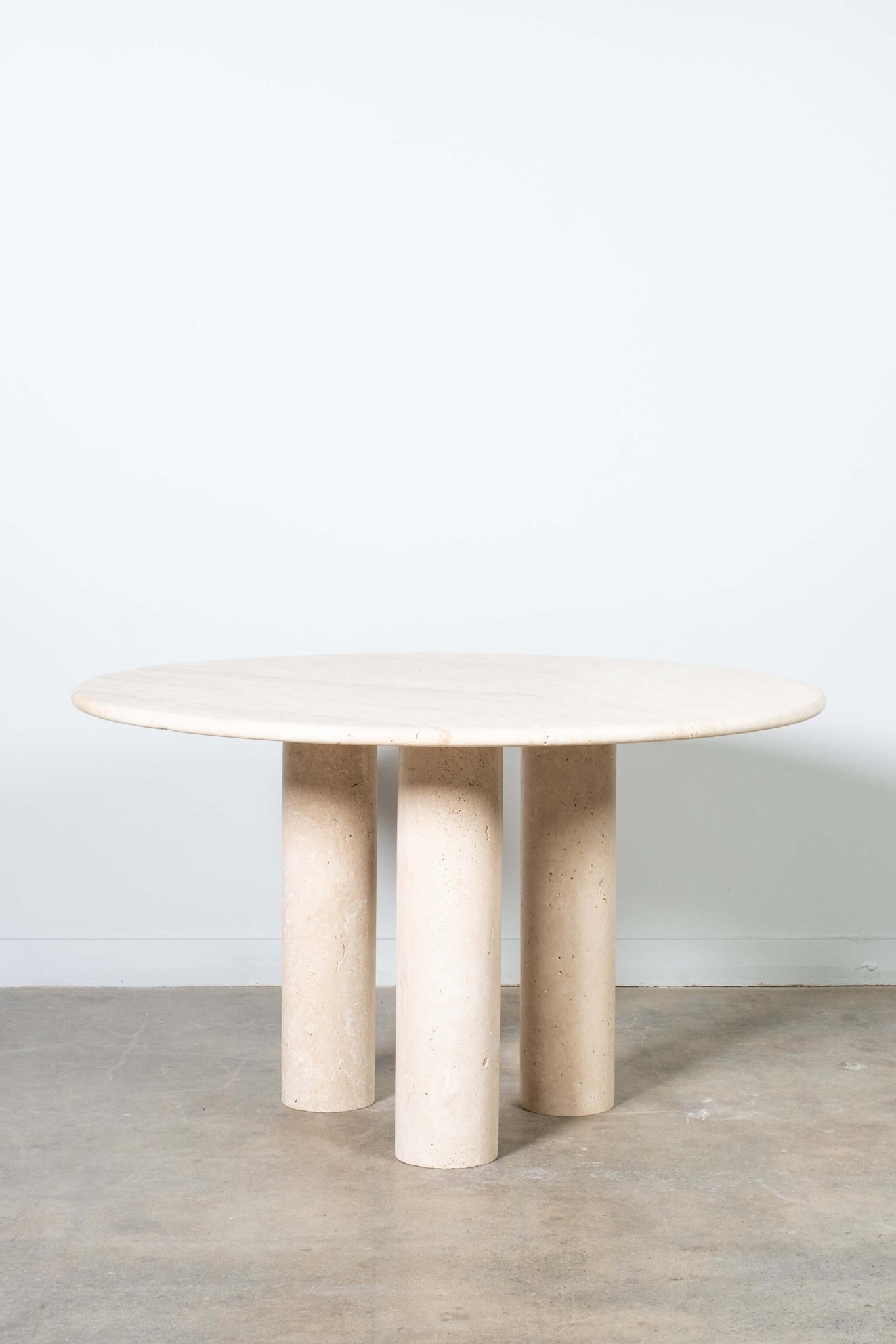 Vintage Italian Natural Travertine 3-Pedestal Table, front view