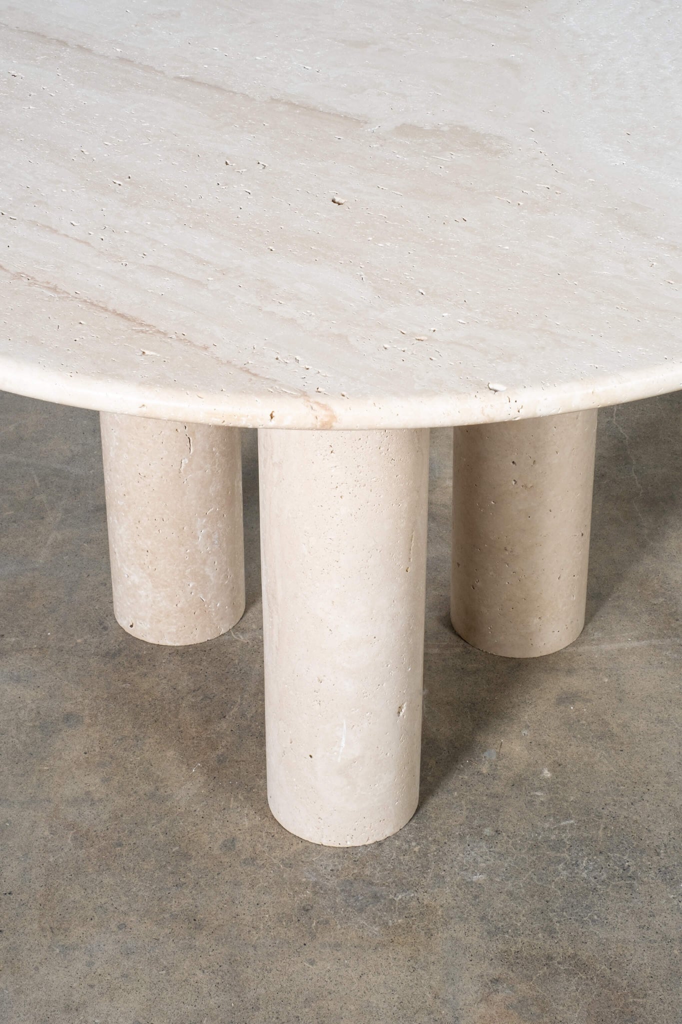 Vintage Italian Natural Travertine 3-Pedestal Table, table top detail view