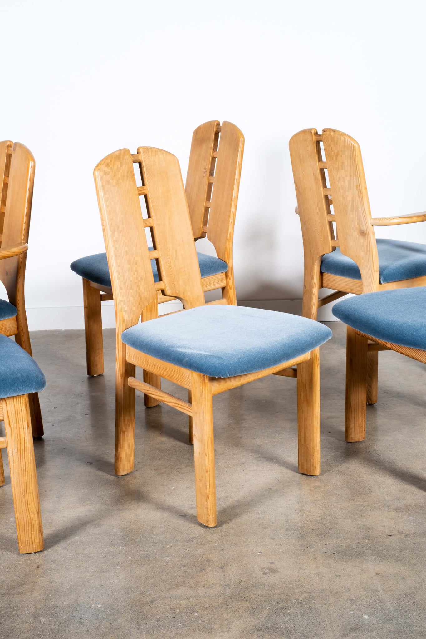 Vintage Set of 6 1980s Pine Dining Chairs, Newly Upholstered