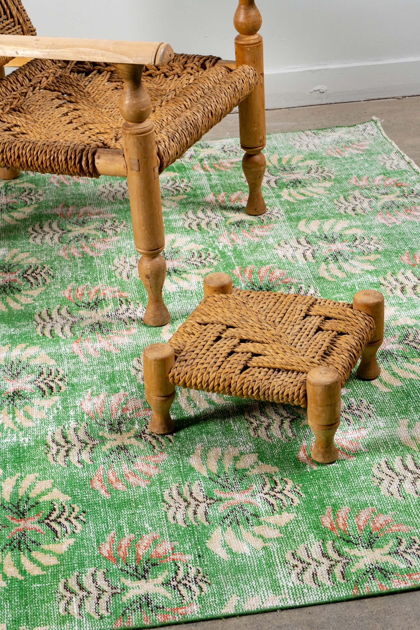 Vintage French Wood and Rope Armchairs with Footstools Adrien Audoux and Frida Minet, shown on rug