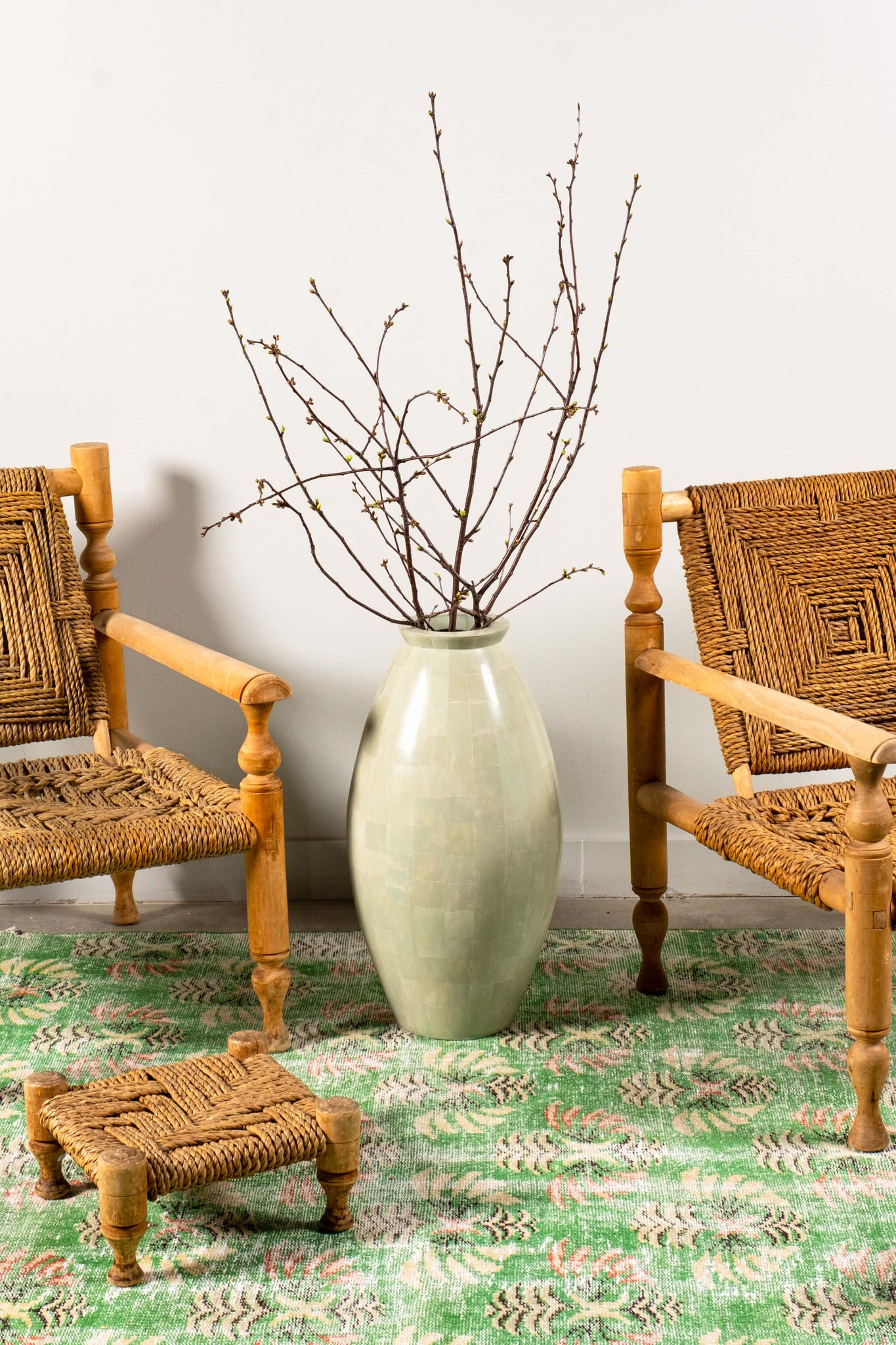Vintage Green Laminated Wood Block Vase, shown with wood and jute chairs with ottoman