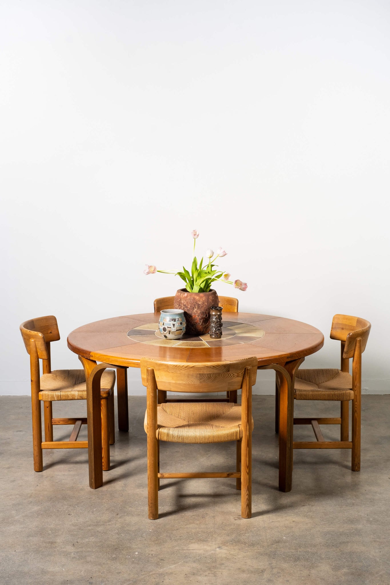 Vintage Round Tiled Top Dining Table Tue Poulsen Haslev, shown with 4 chairs