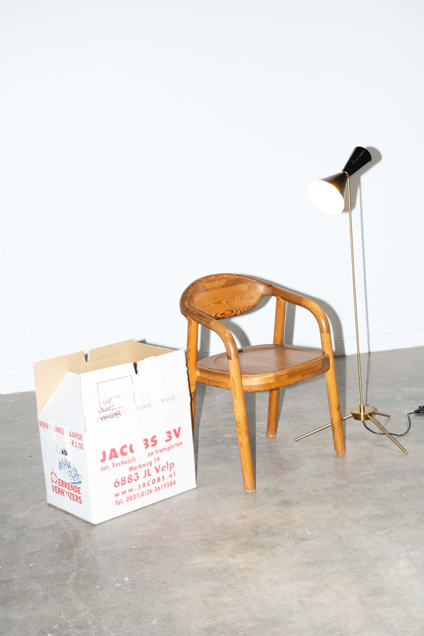 Vintage Solid Pine Curved Arm Chair, shown with box and floor lamp