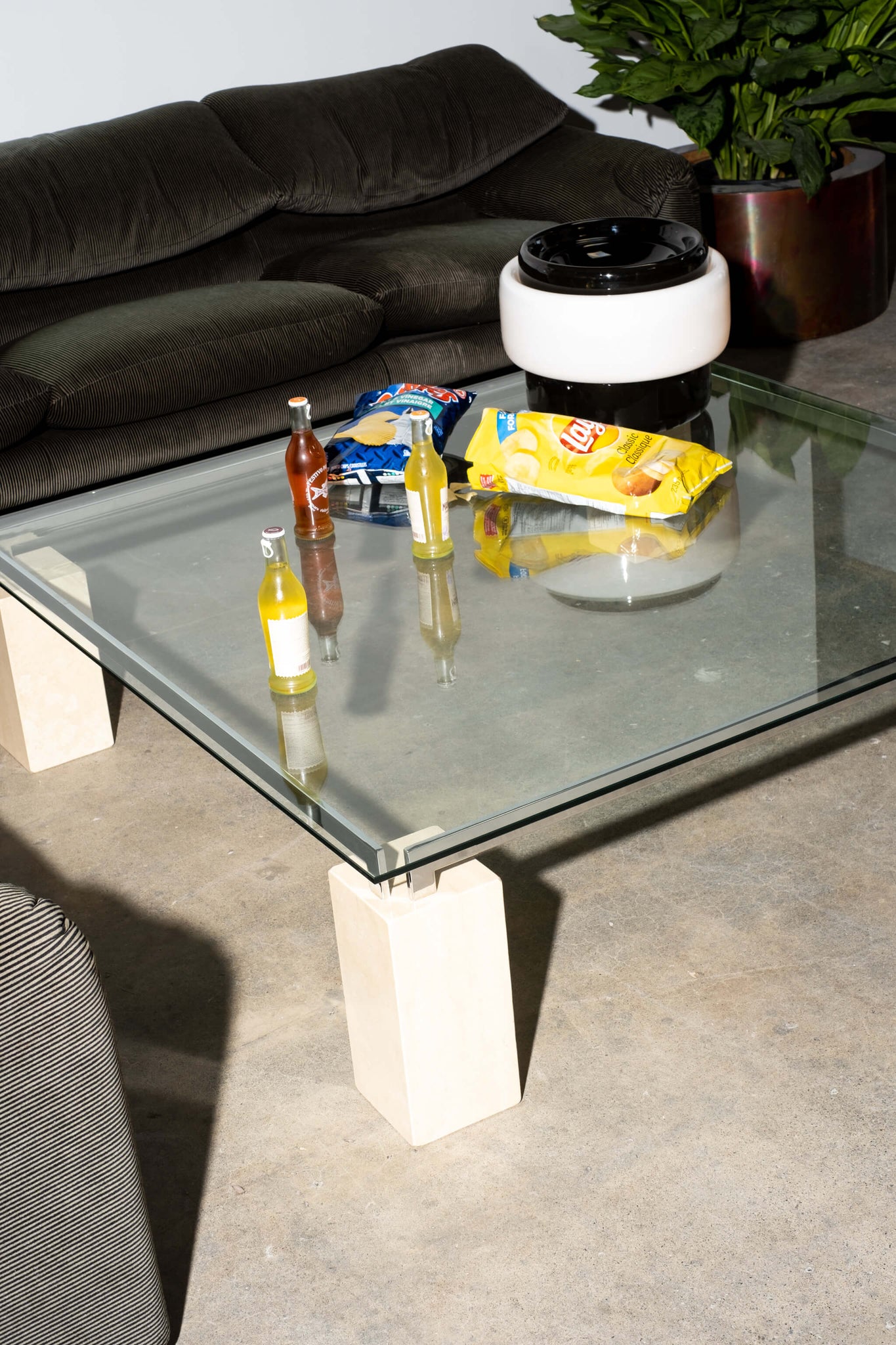 XL Glass Top Coffee Table with Travertine Legs & Chrome Frame Artedi