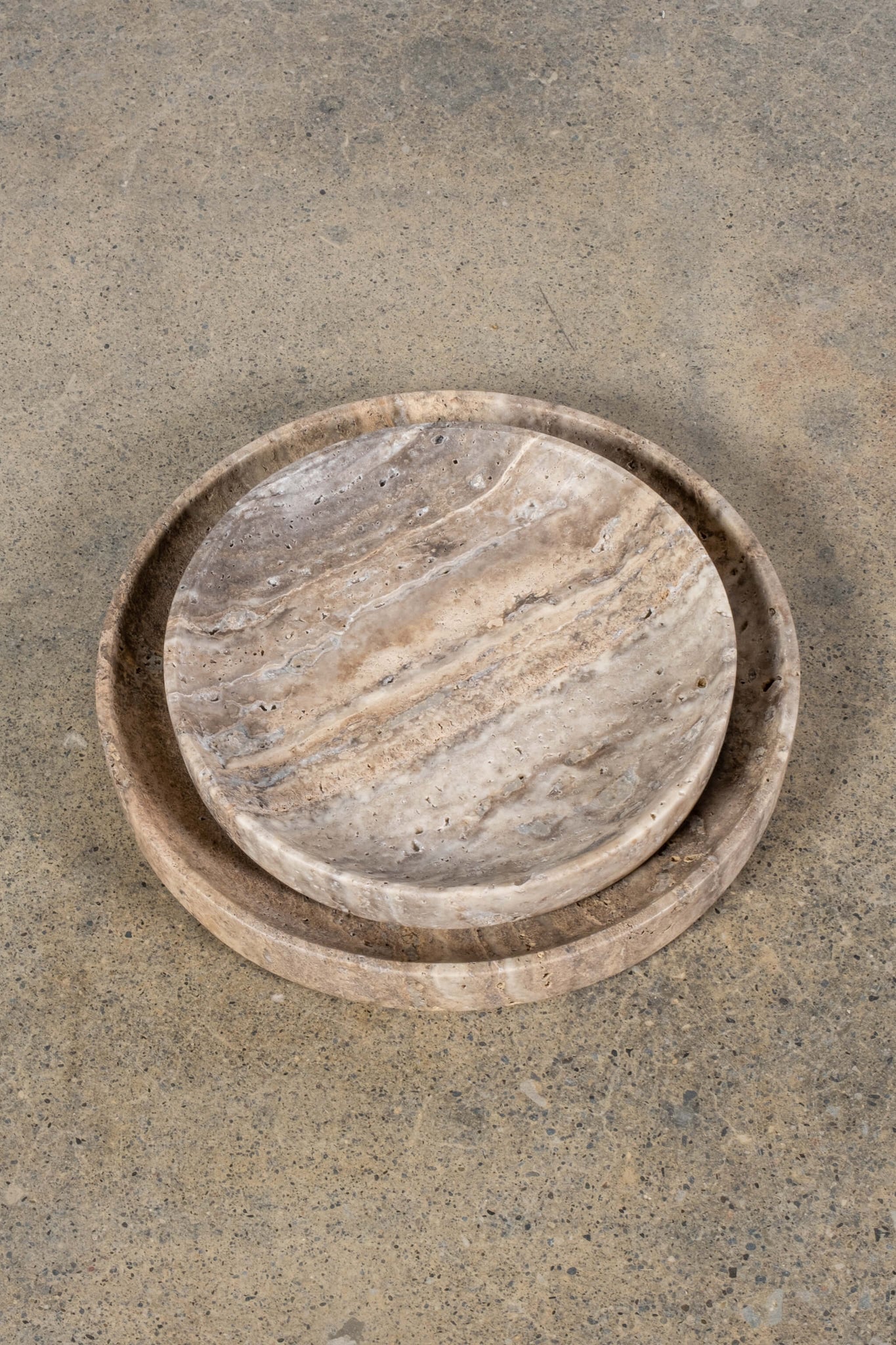 Large Catchall in Grey Travertine, shown stacked with small catchall