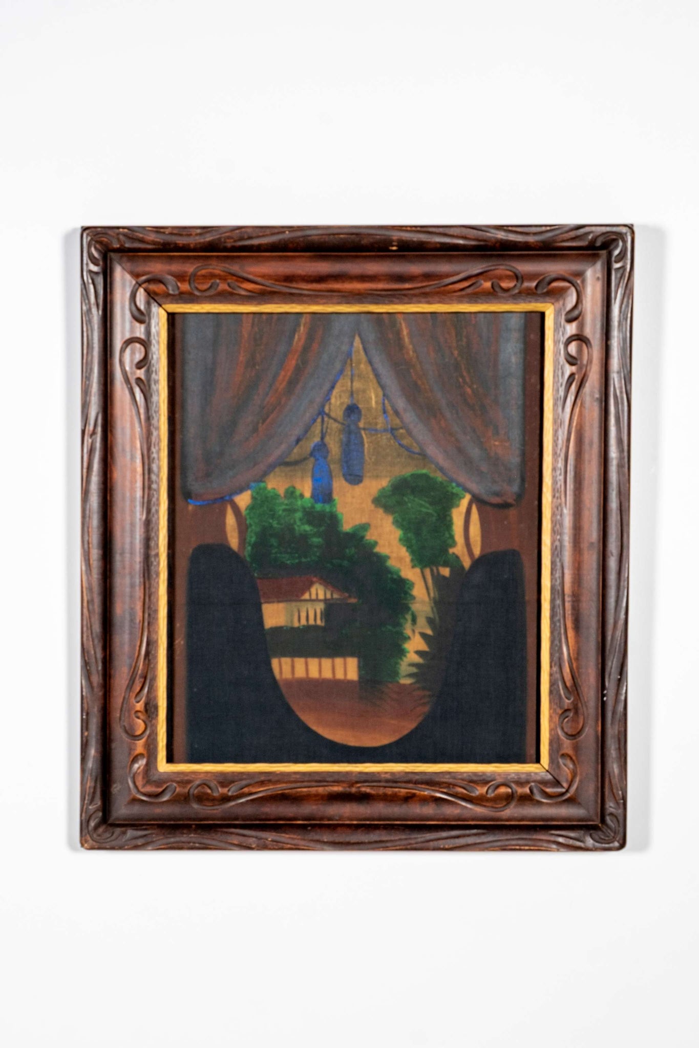 Large Scale Painted Textile in Heavy Carved Frame