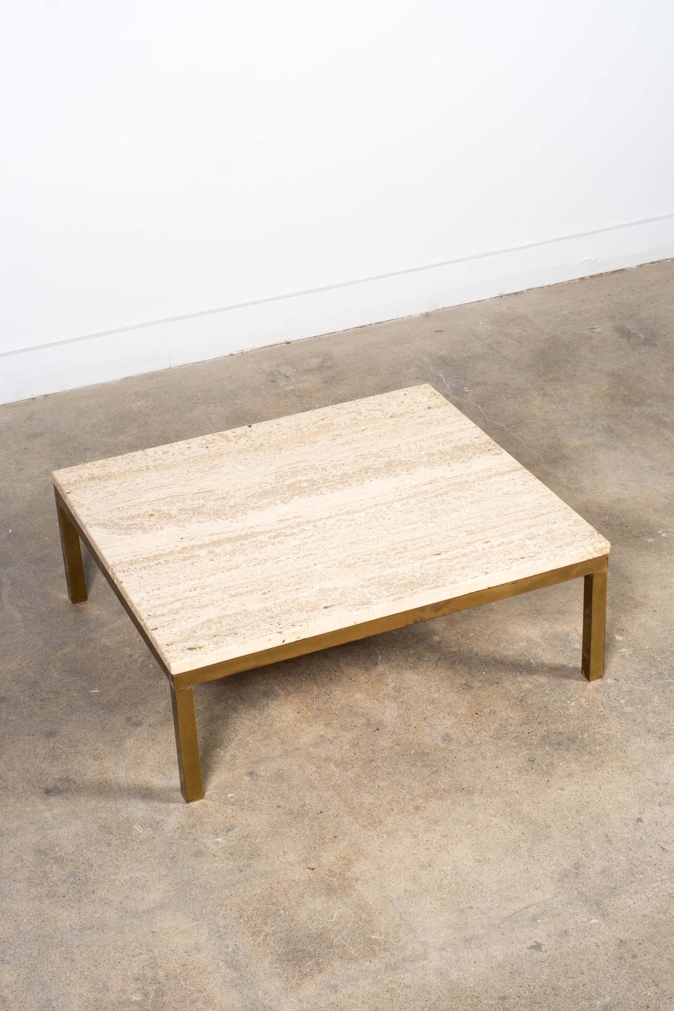 Vintage Low Profile Natural Travertine Coffee Table with Brass Base, top view
