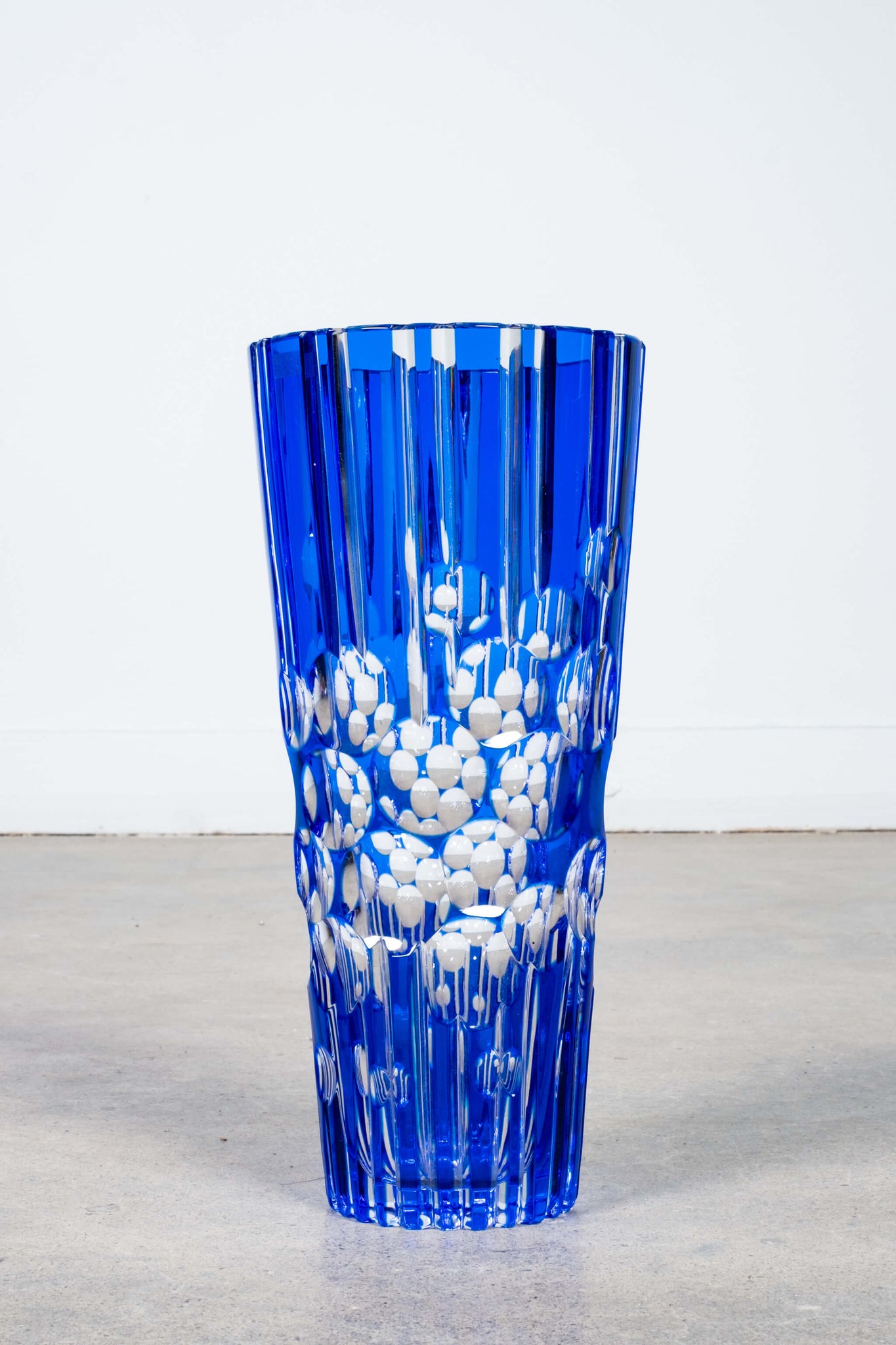Vintage Blue Mid-Century Cut Glass Vase, front view