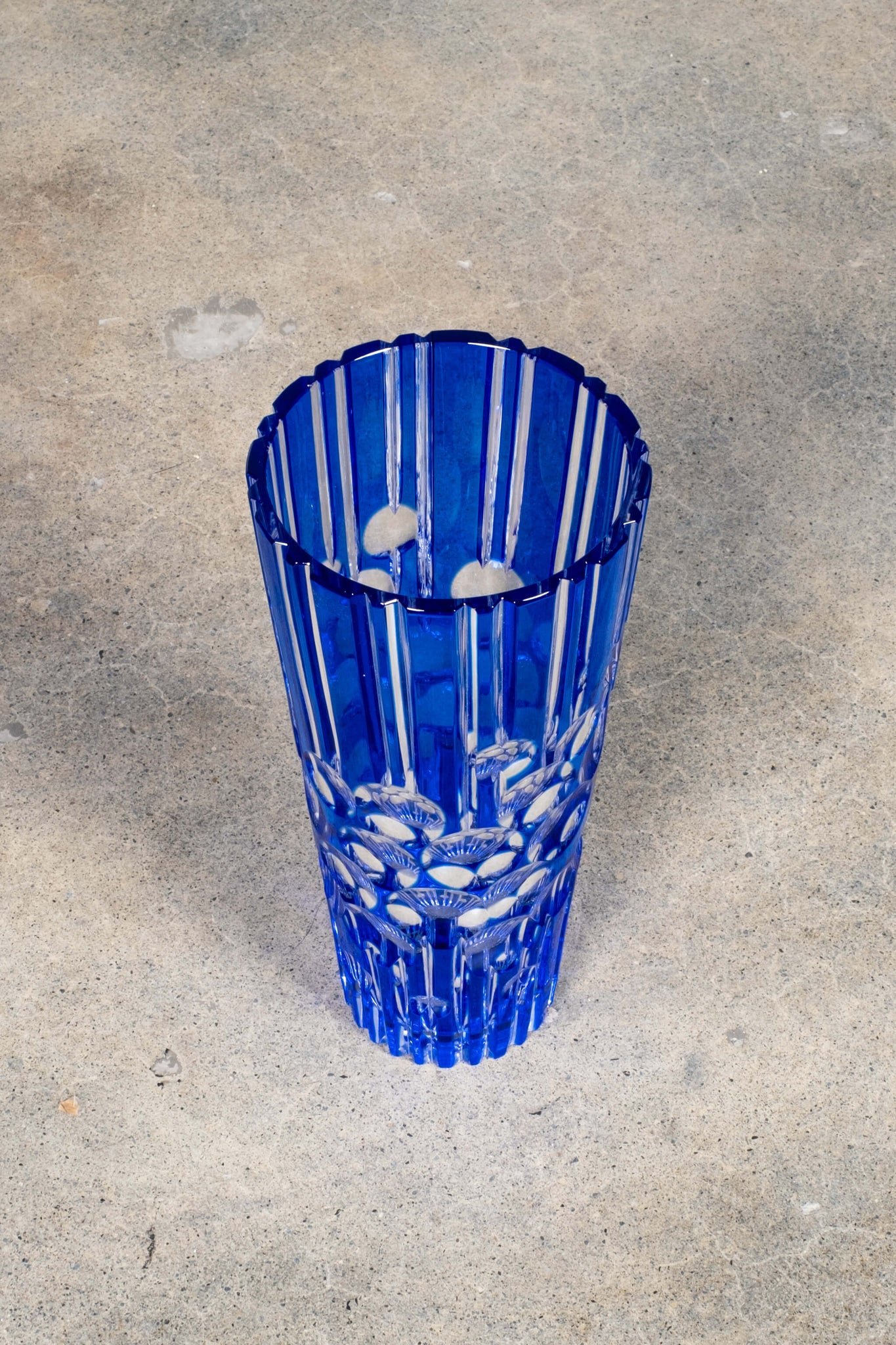 Vintage Blue Mid-Century Cut Glass Vase, top view