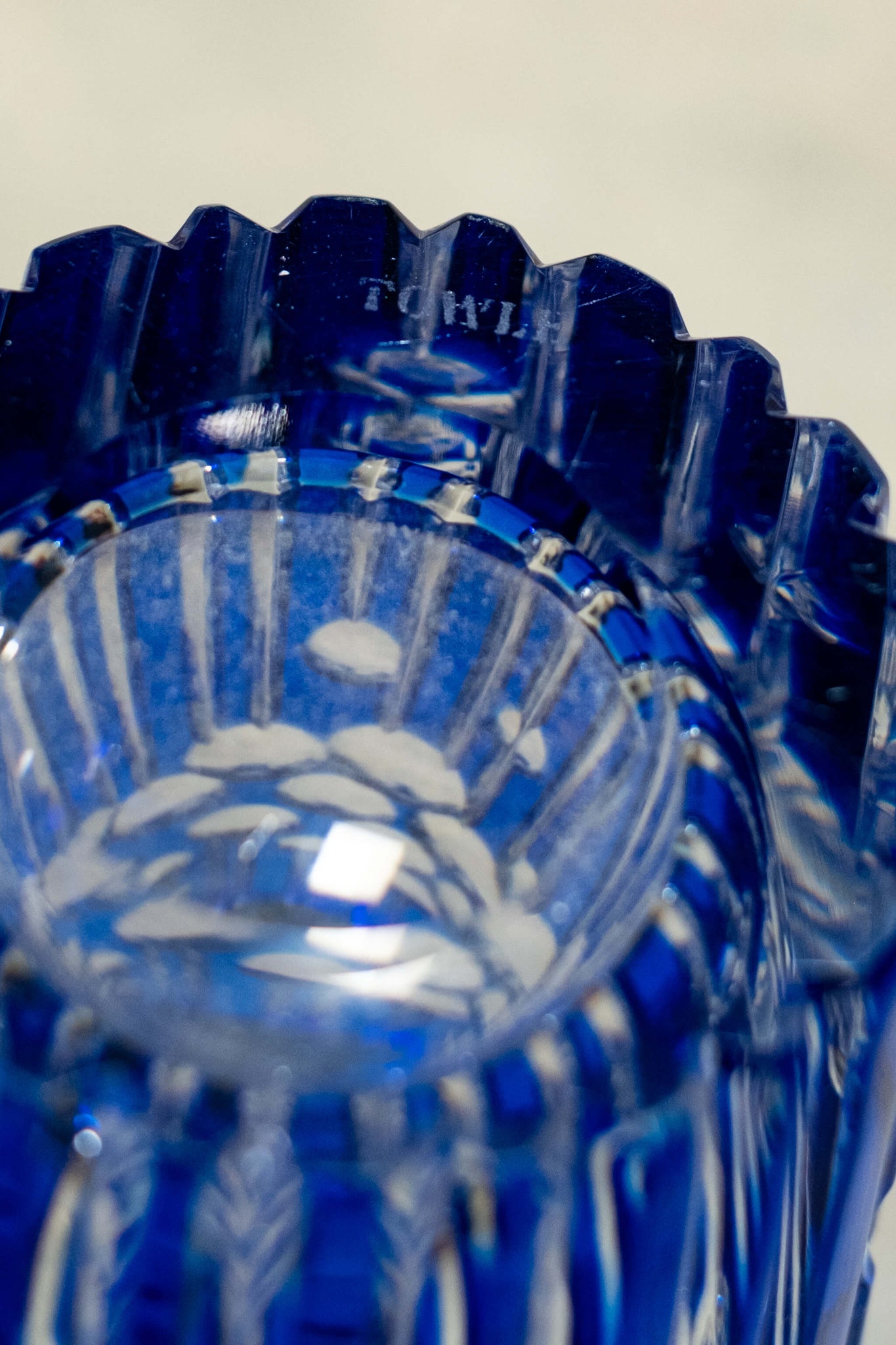 Vintage Blue Mid-Century Cut Glass Vase, underside