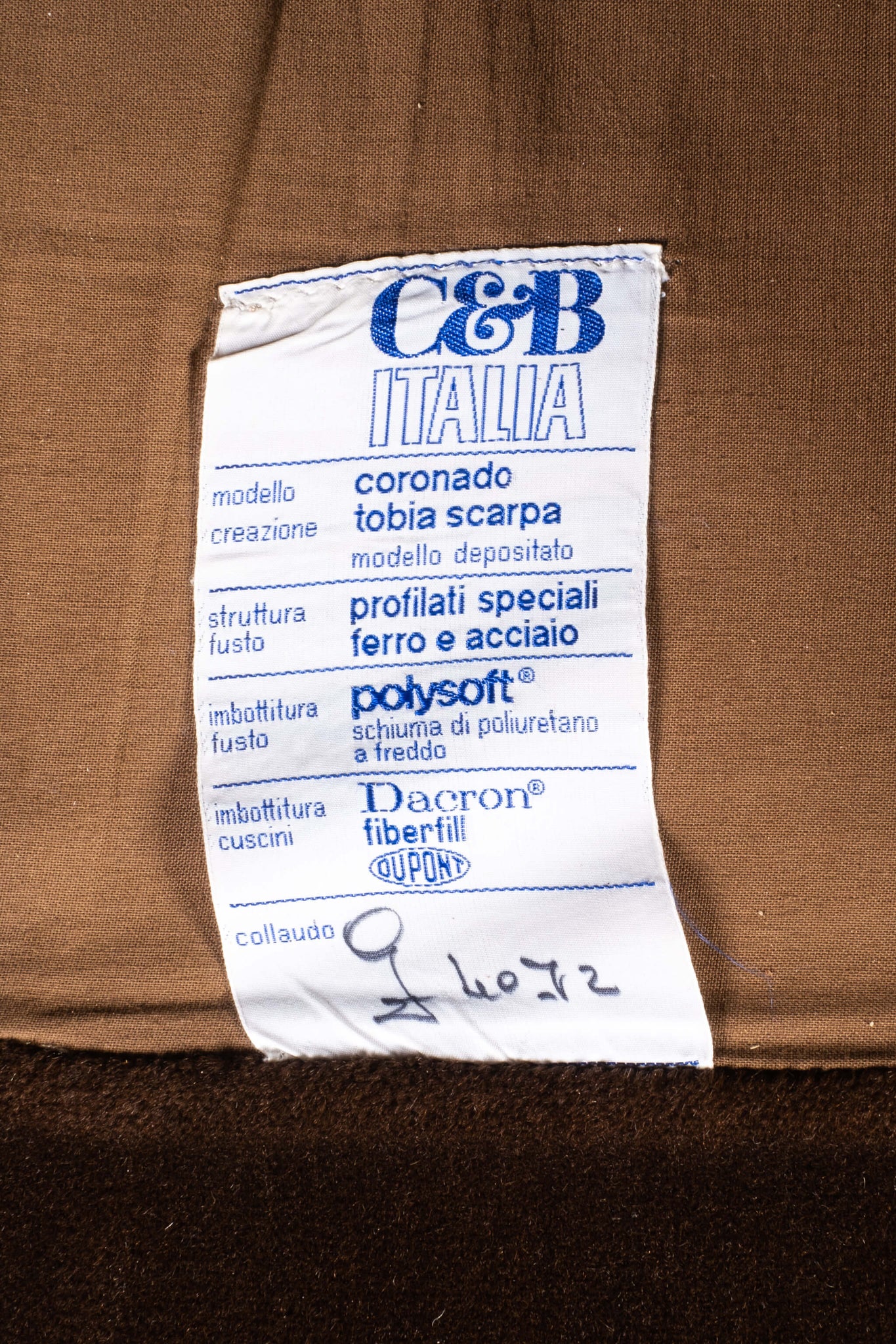 Pair Vintage Coronado Armchairs in Orginal Brown Velvet C&B Italia Afra Tobia Scarpa, furniture tag