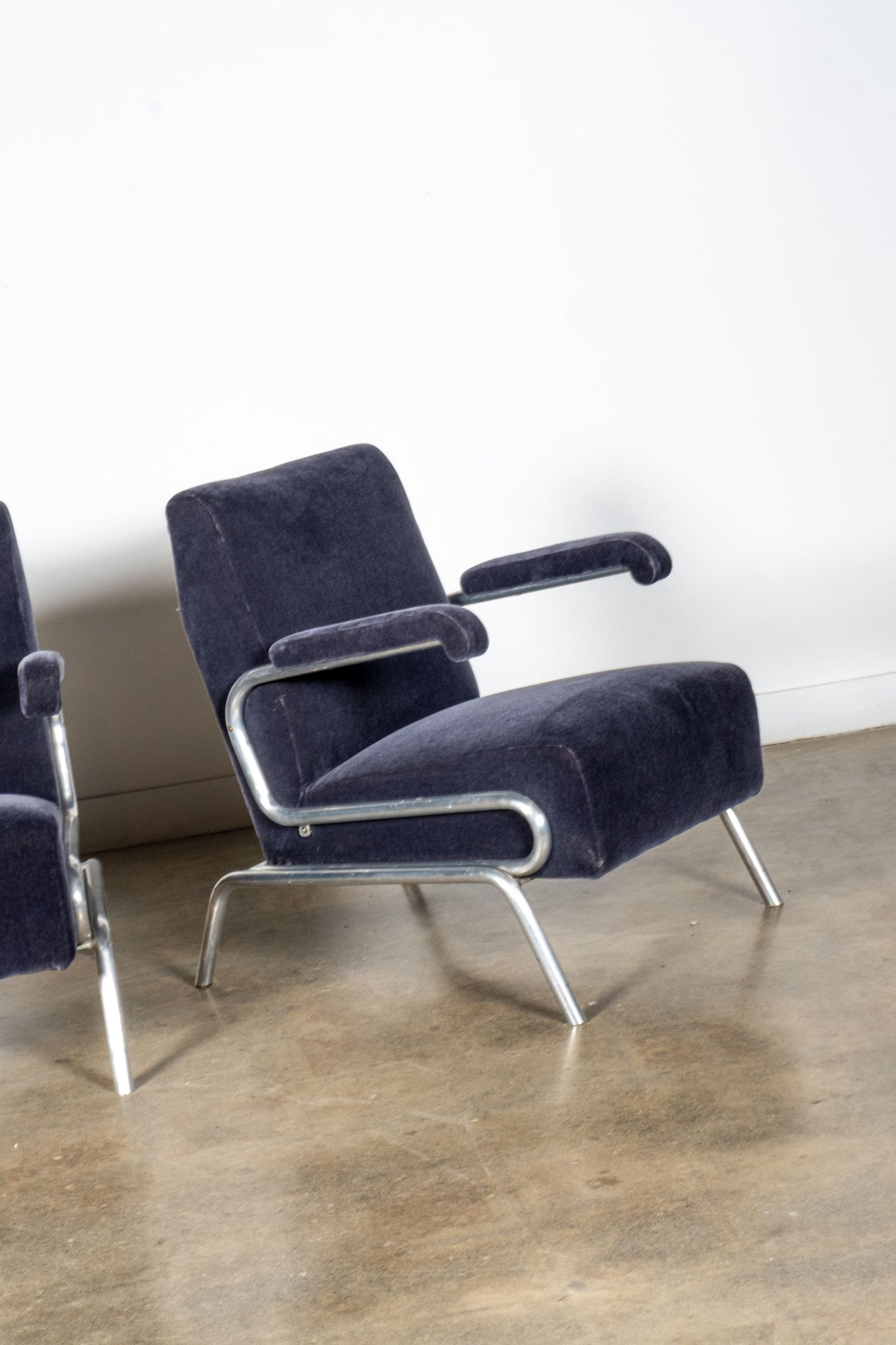 Pair of Blue Velvet Armchairs with Chrome Frames | Bonne Choice