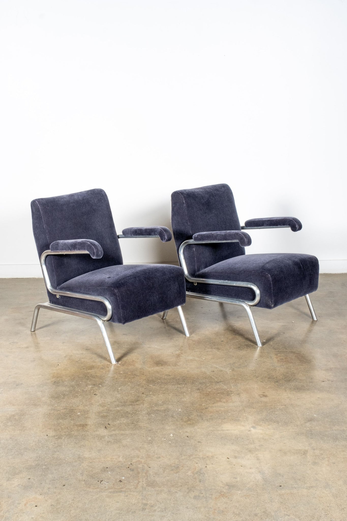 Pair of Blue Velvet Armchairs with Chrome Frames | Bonne Choice