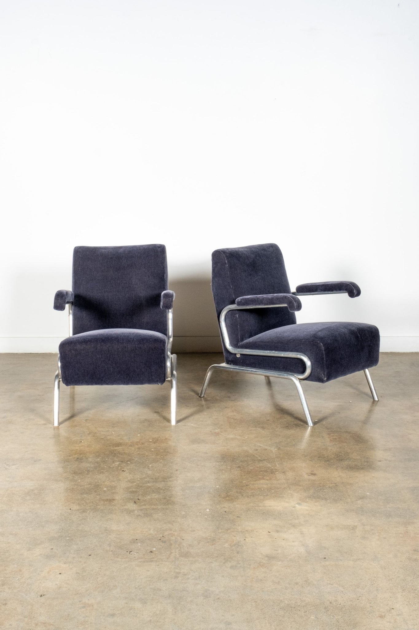 Pair of Blue Velvet Armchairs with Chrome Frames | Bonne Choice