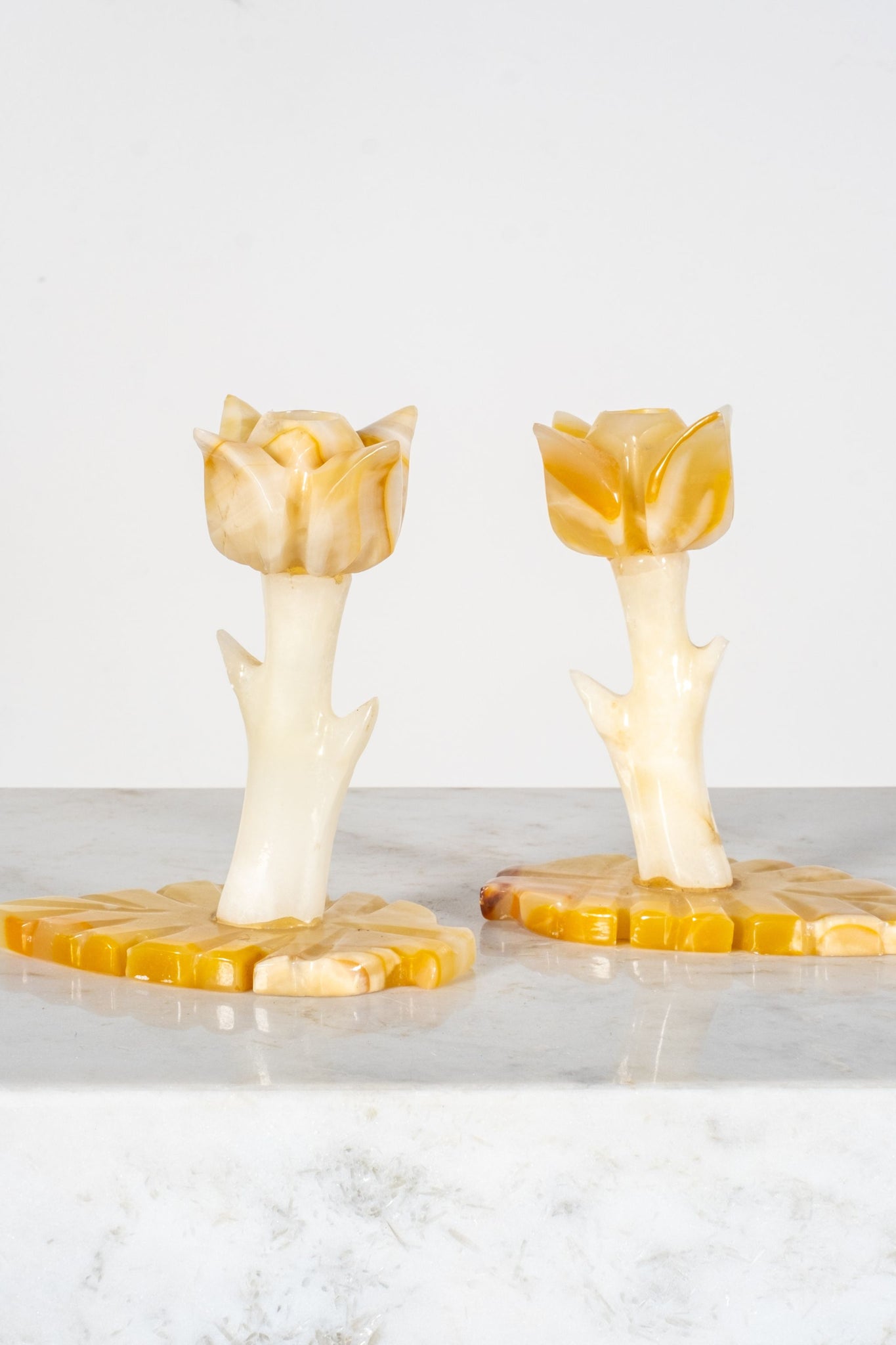 Pair of Marble Flower Candleholders | Bonne Choice