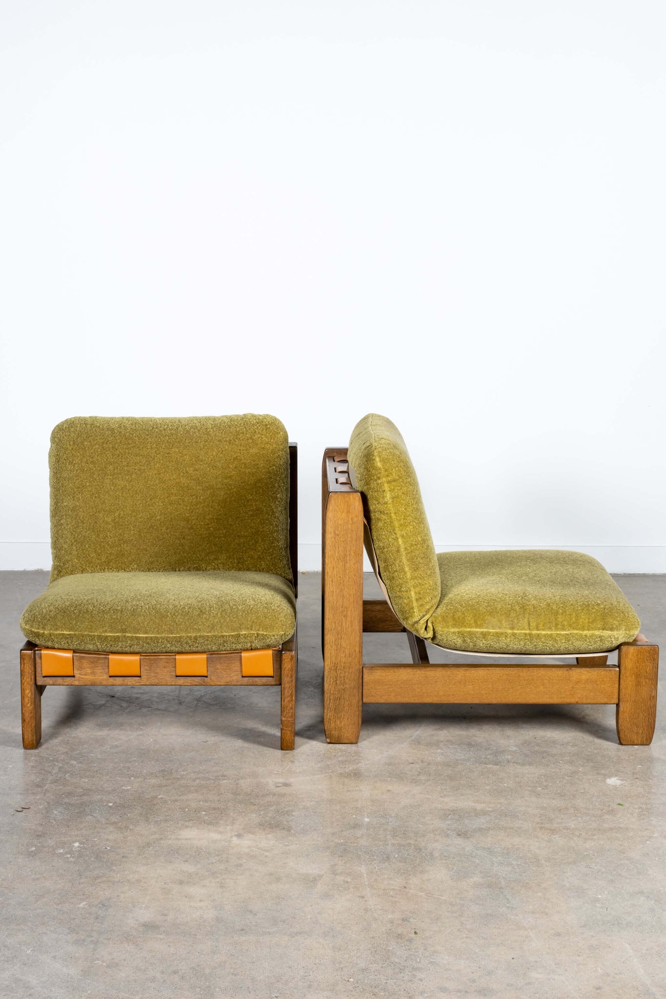 Vintage Pair of Green Sling Seat Chairs with Original Wool Fabric, front and side view