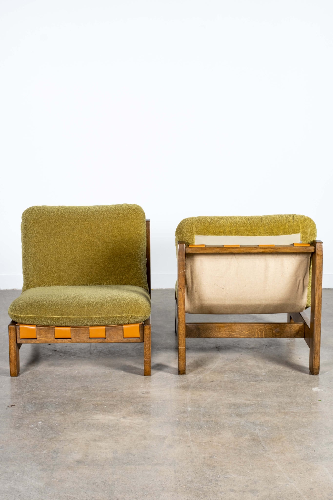 Vintage Pair of Green Sling Seat Chairs with Original Wool Fabric, front and back view