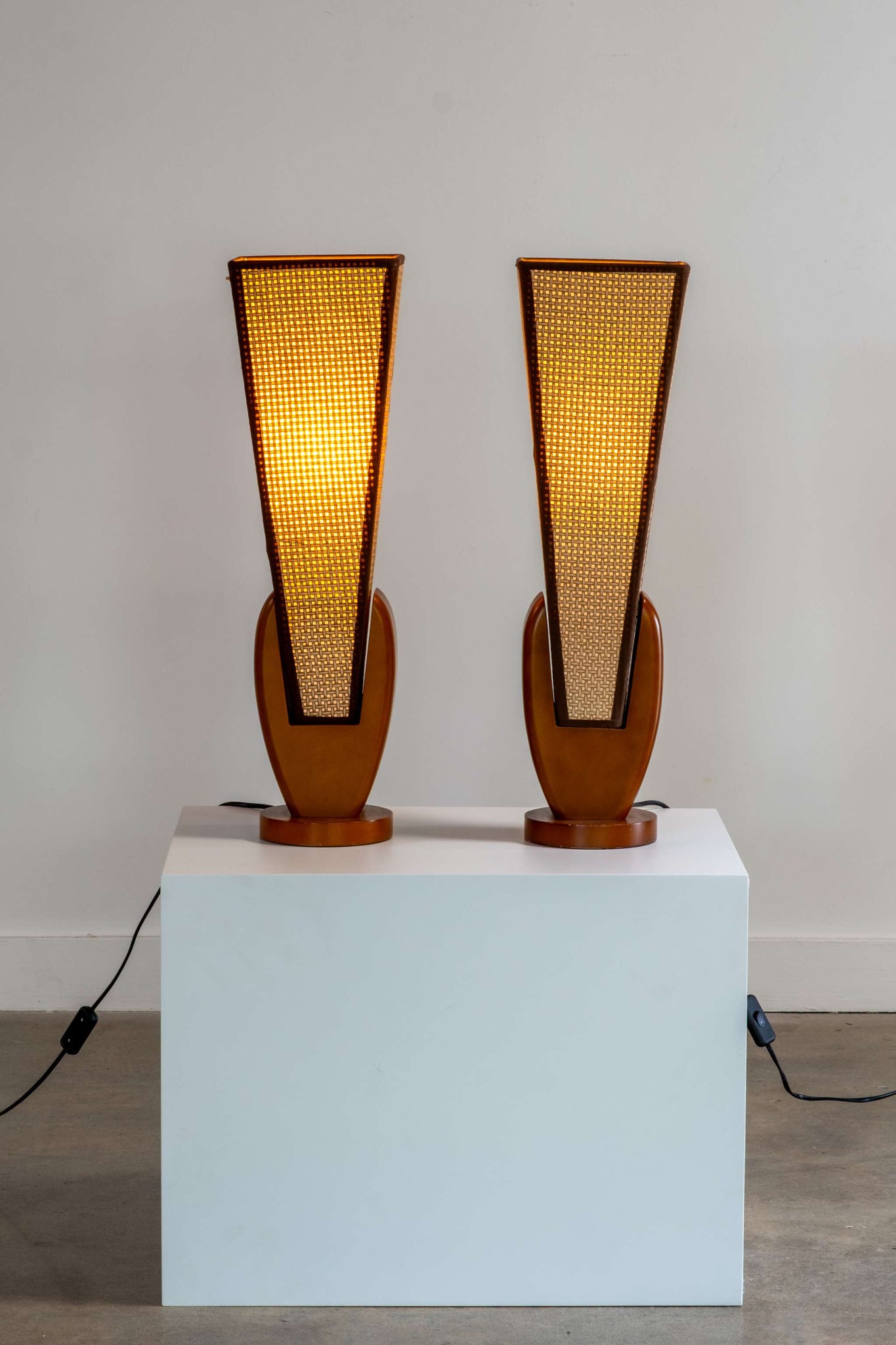 Pair of Webbing + Wood Table Lamps