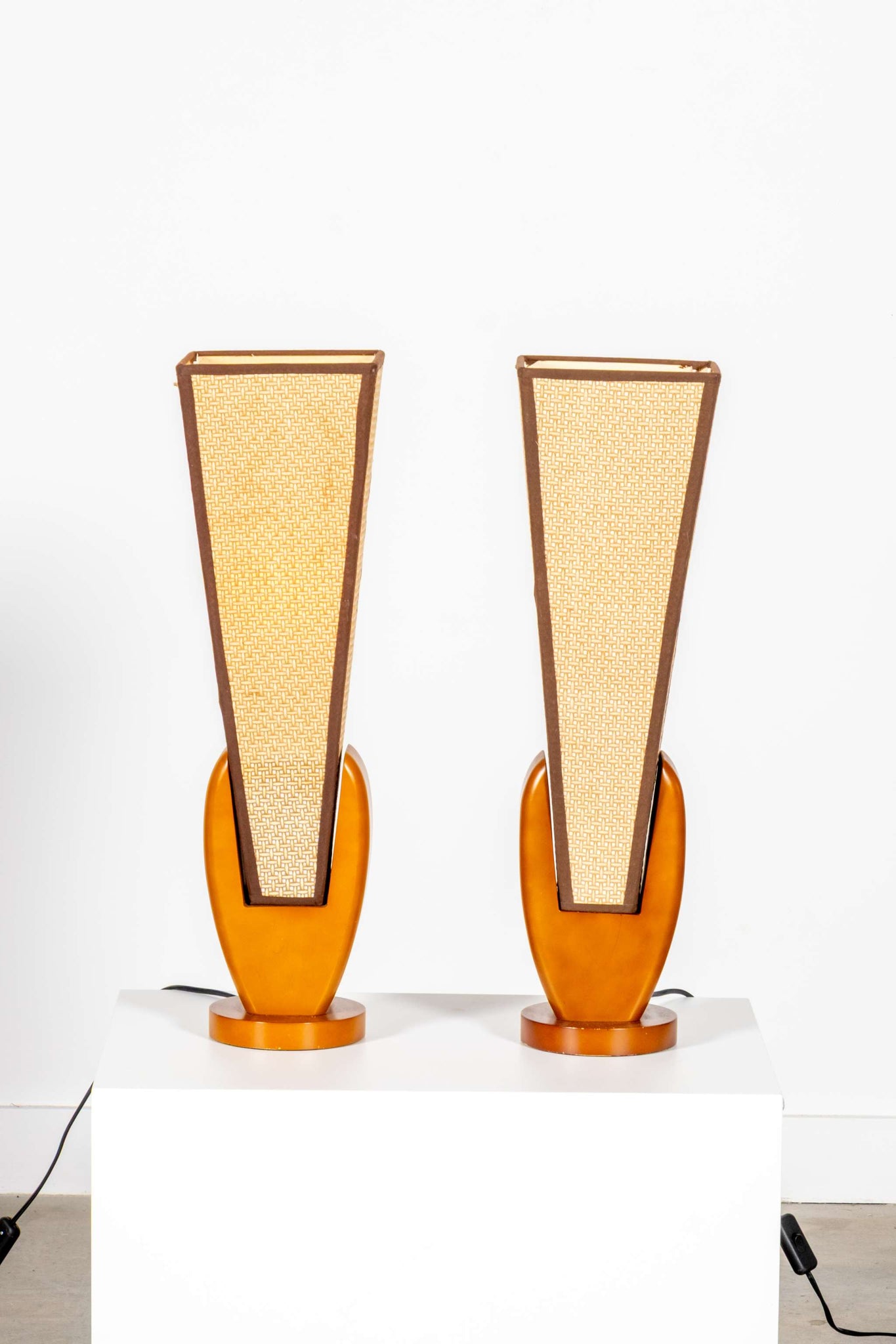 Pair of Webbing + Wood Table Lamps
